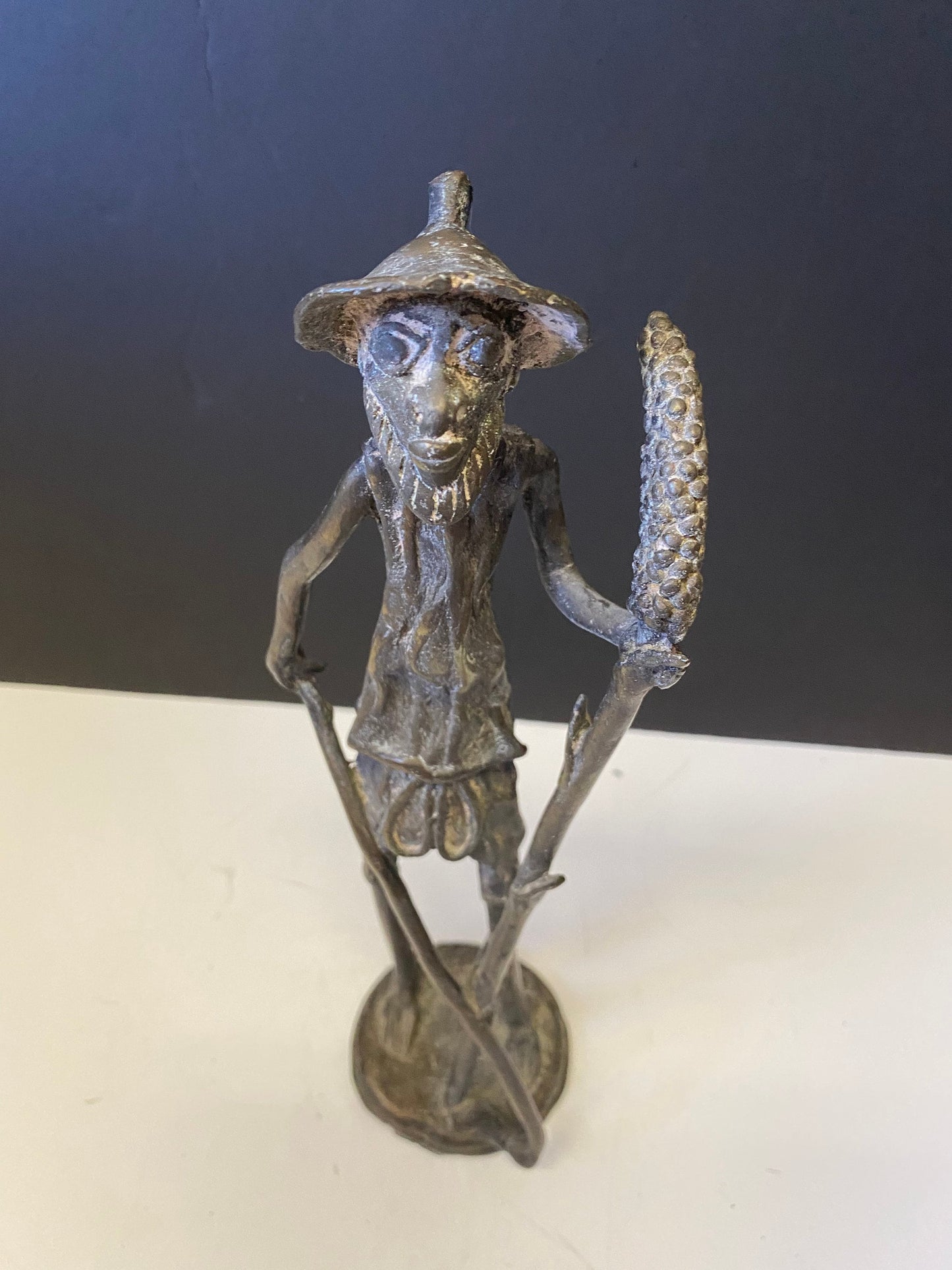 African Benin bronze 14 inch statue of a farmer