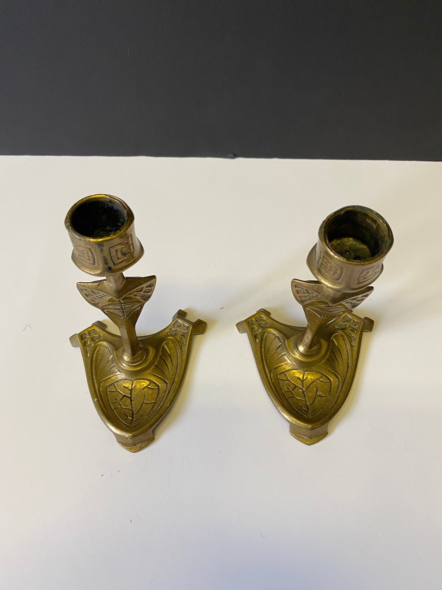 Pair Fantastic 8 inch Art nouveau brass vintage candlesticks