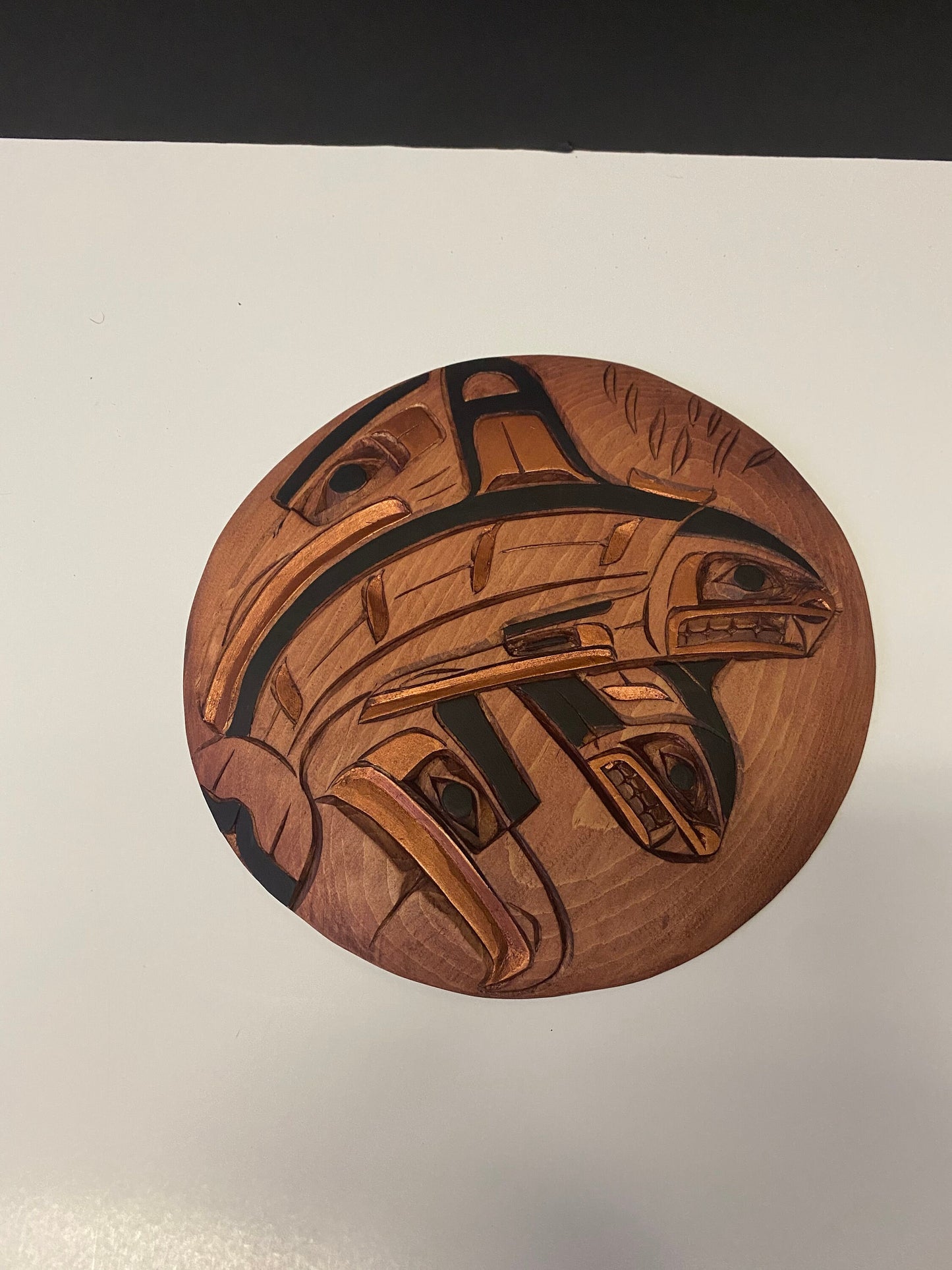 A  Fabulous Vancouver Island indigenous first nations Charlie George plaque of killer whale Raven and eagle 10 inches