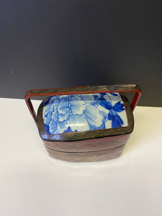 Foot high by 10 inches wide antique Chinese lacquer and porcelain lunchbox  Fabulous condition
