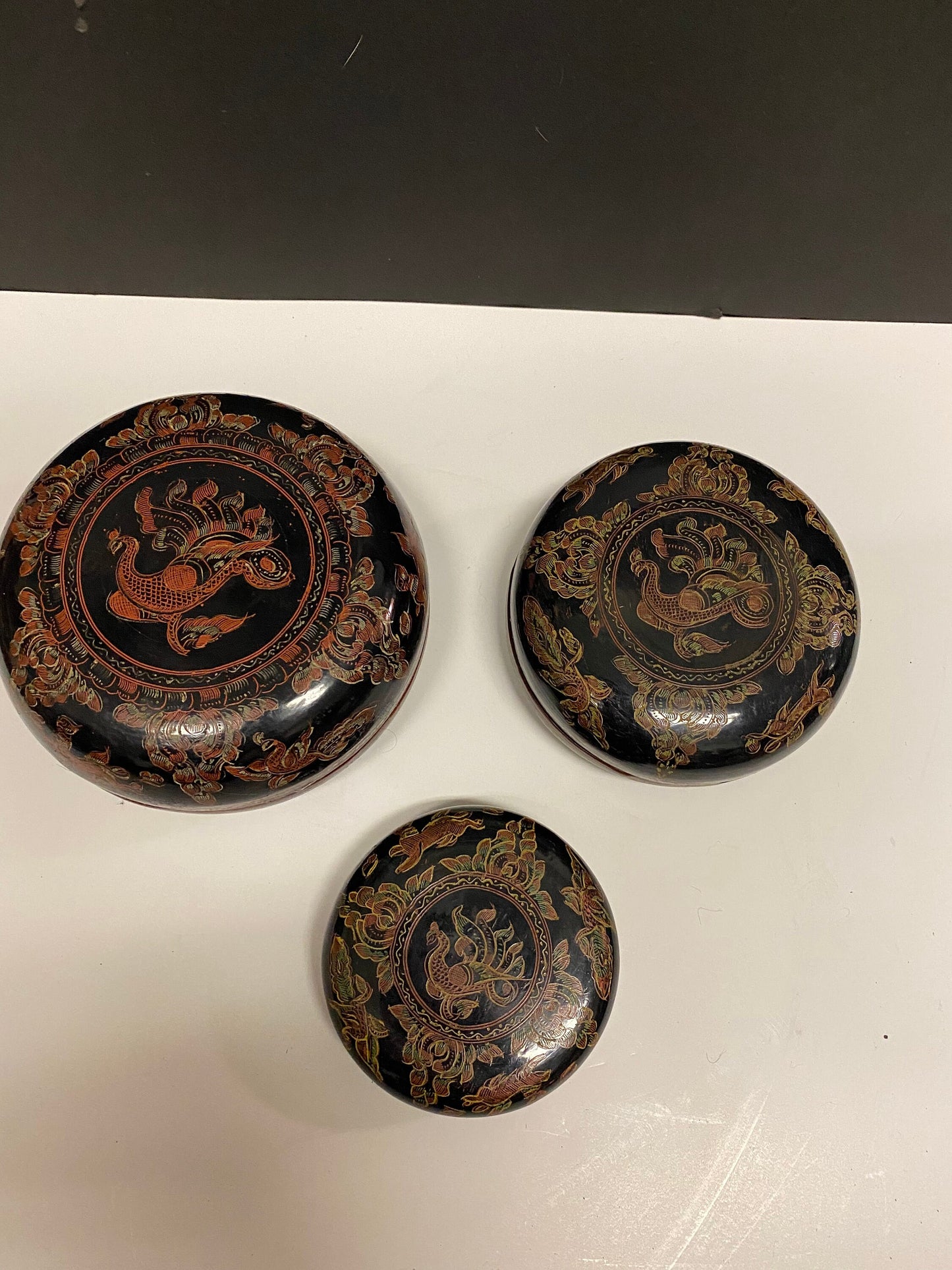 Set of three graduating sized Asian lacquer  boxes in perfect condition  3.5 to 5.5 inches  great gift  small storage