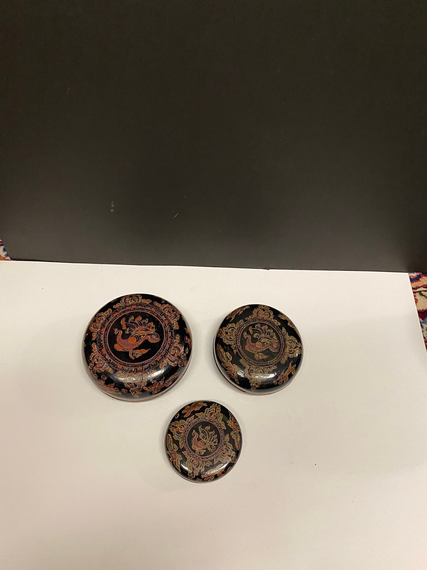 Set of three graduating sized Asian lacquer  boxes in perfect condition  3.5 to 5.5 inches  great gift  small storage