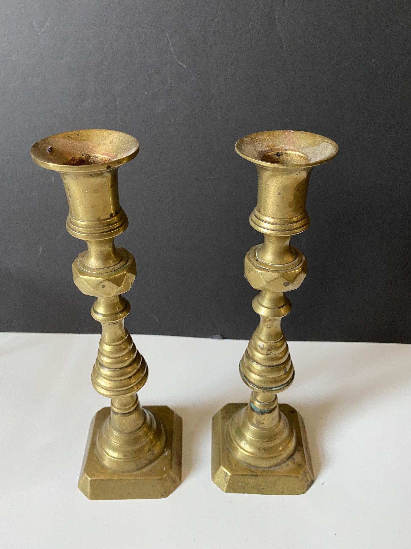 9 inch antique brass diamond pattern candlesticks  No wobble  Great condition