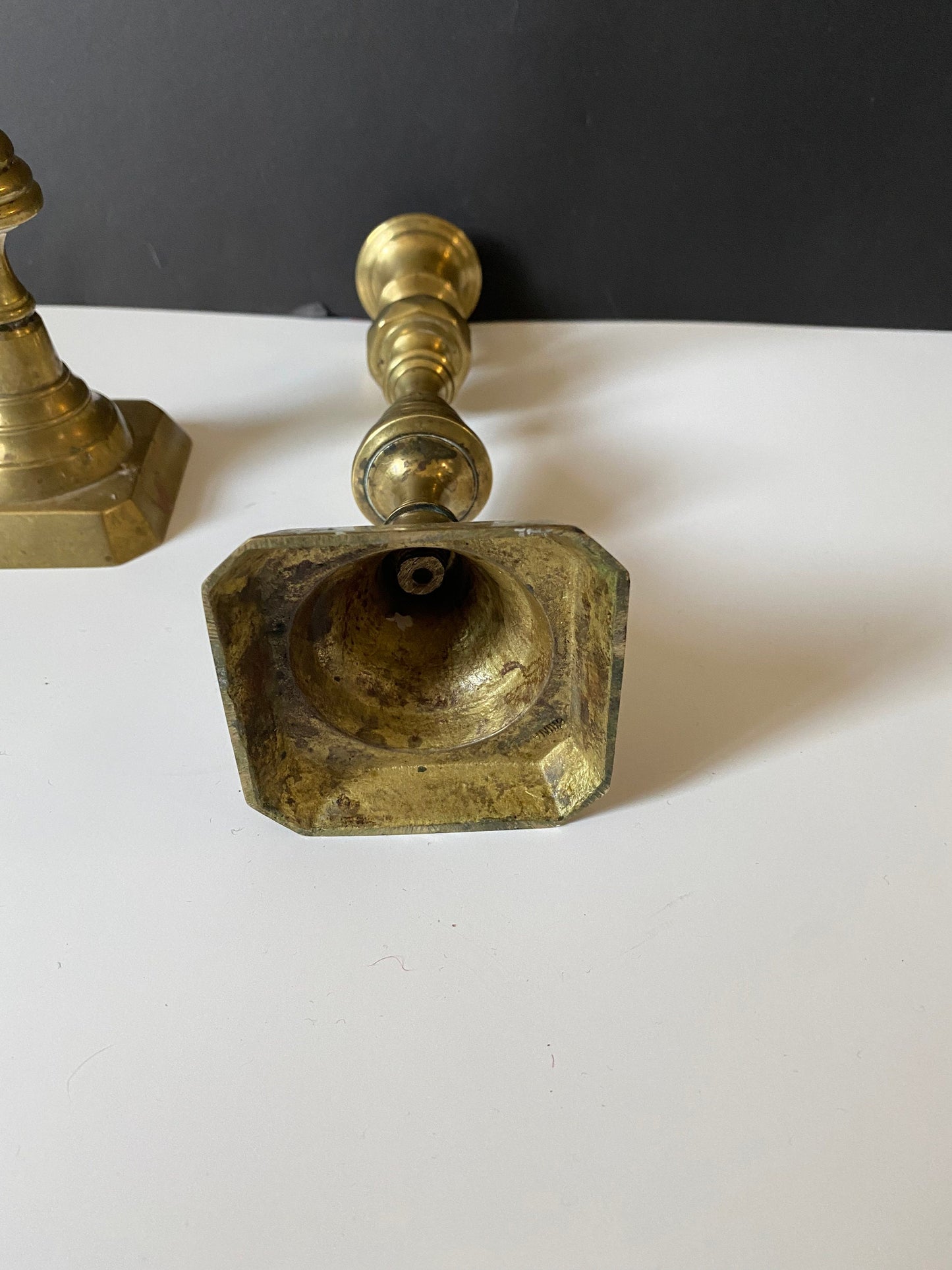 9 inch antique brass diamond pattern candlesticks  No wobble  Great condition