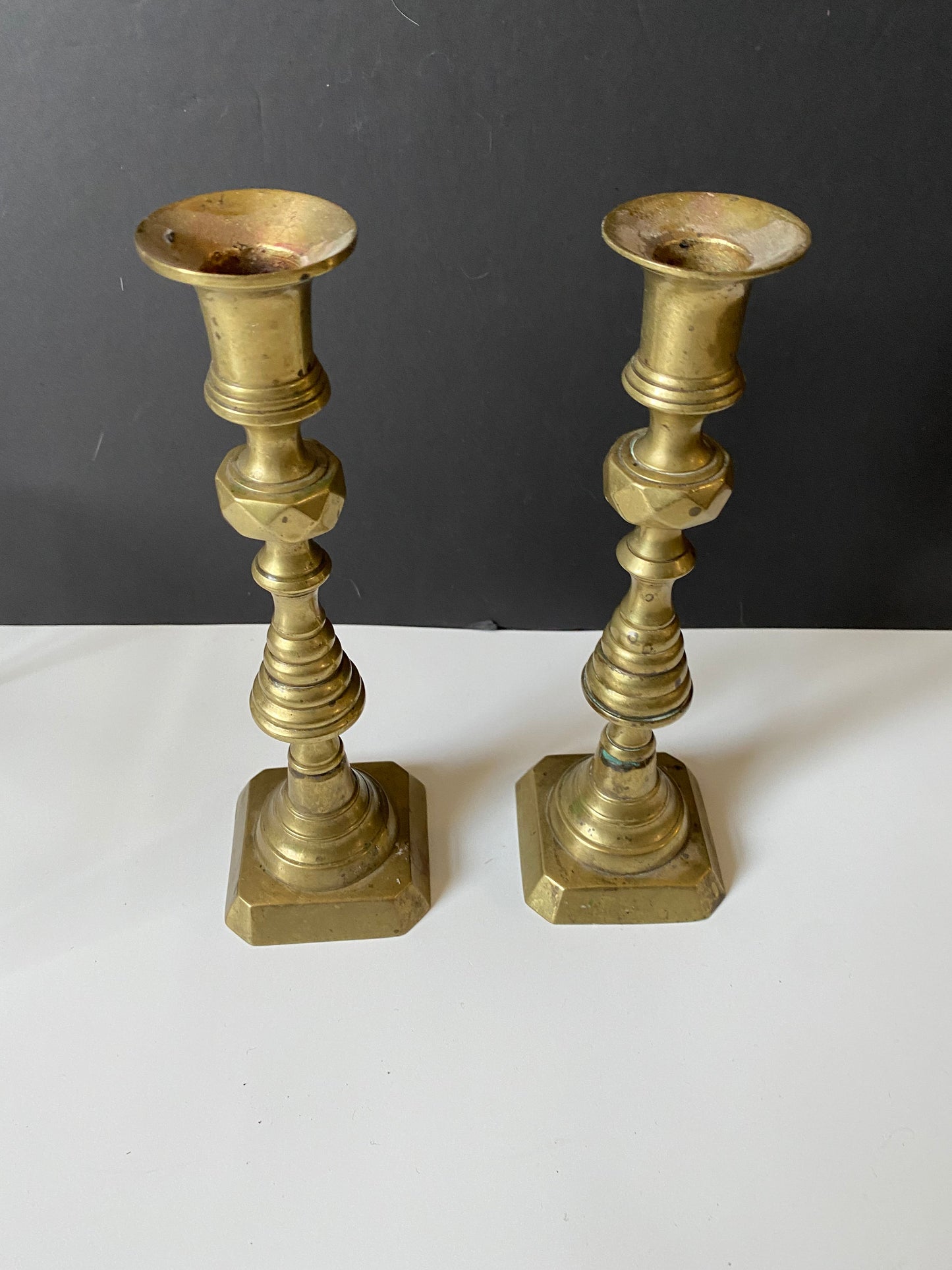 9 inch antique brass diamond pattern candlesticks  No wobble  Great condition
