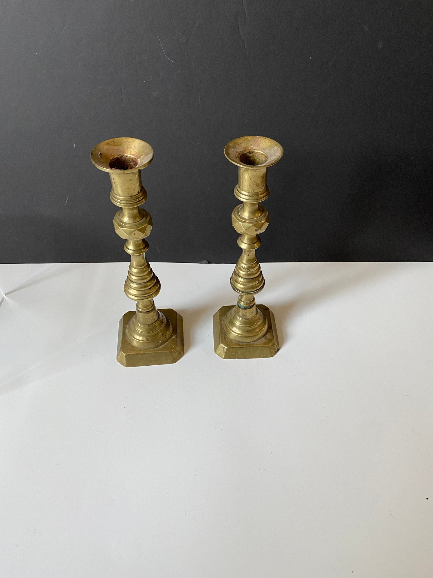 9 inch antique brass diamond pattern candlesticks  No wobble  Great condition