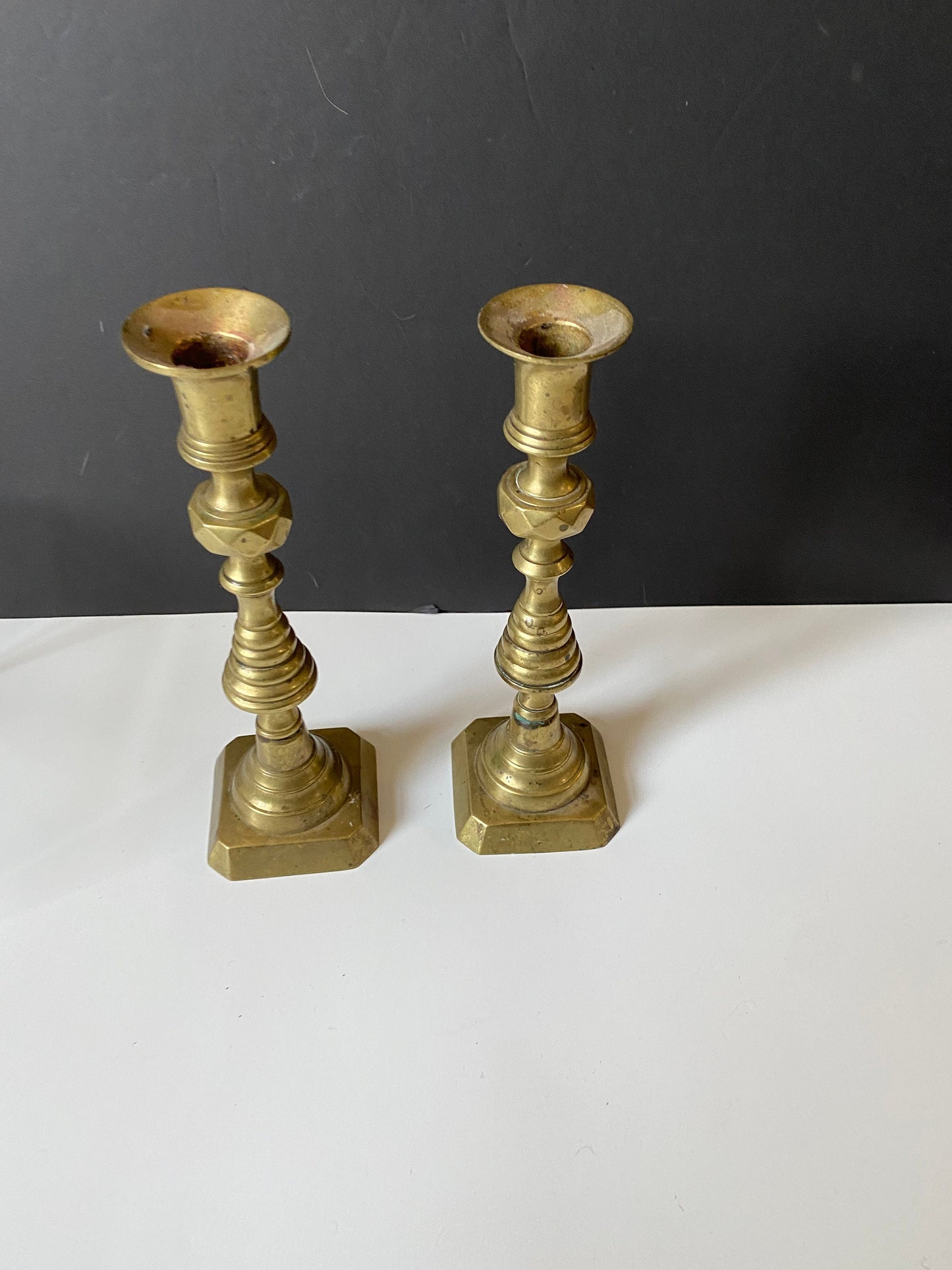 9 inch antique brass diamond pattern candlesticks  No wobble  Great condition