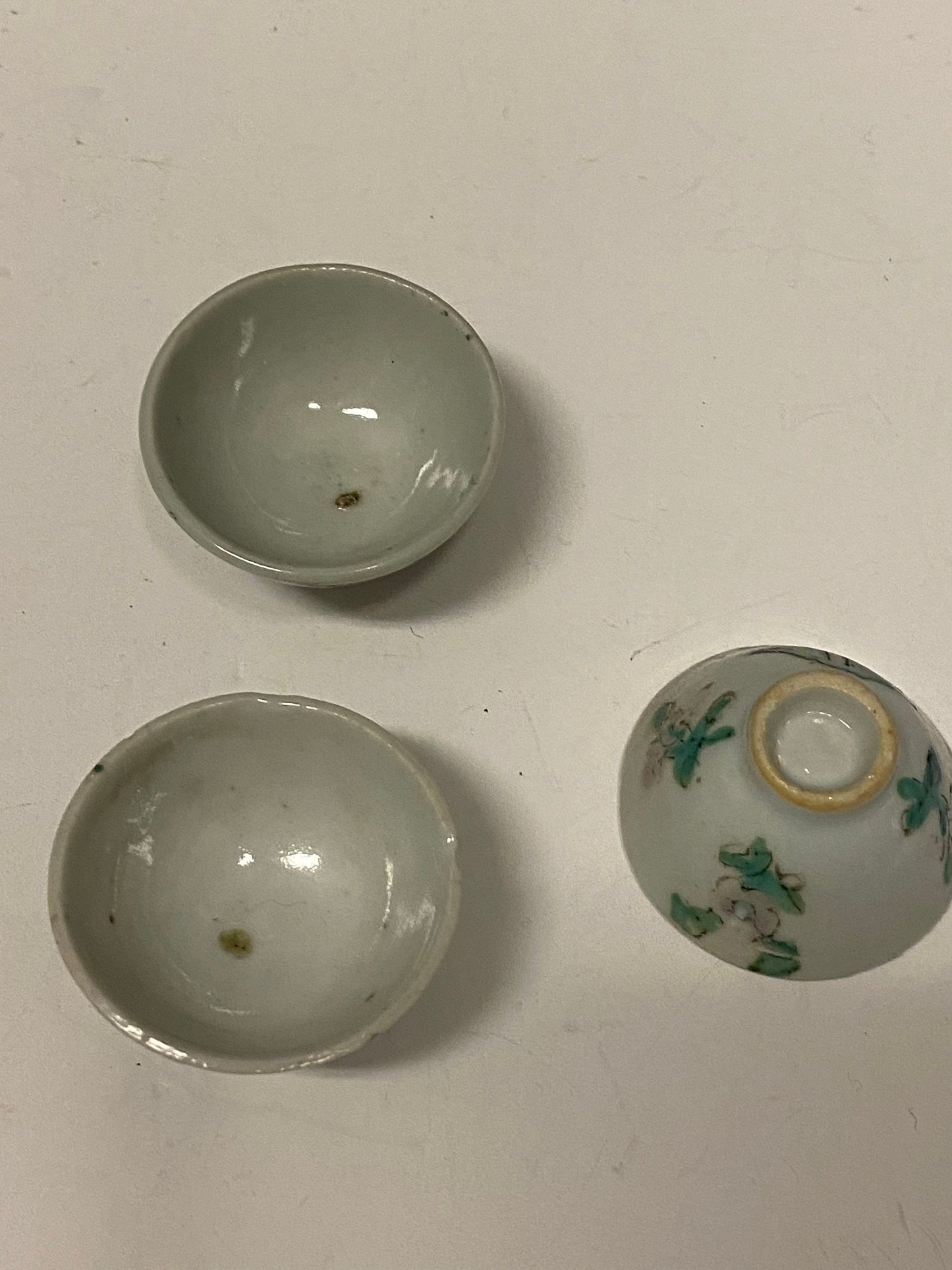 A Set of  3 antique Chinese hand decorated bowls  2 inches each  Spectacular decoration and condition very very old