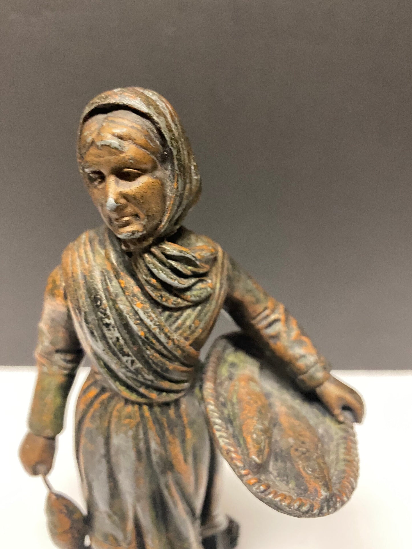 8 inch Absolutely fantastic antique European bronze statue of a fisher woman was wonderful Patina  great gift  wow