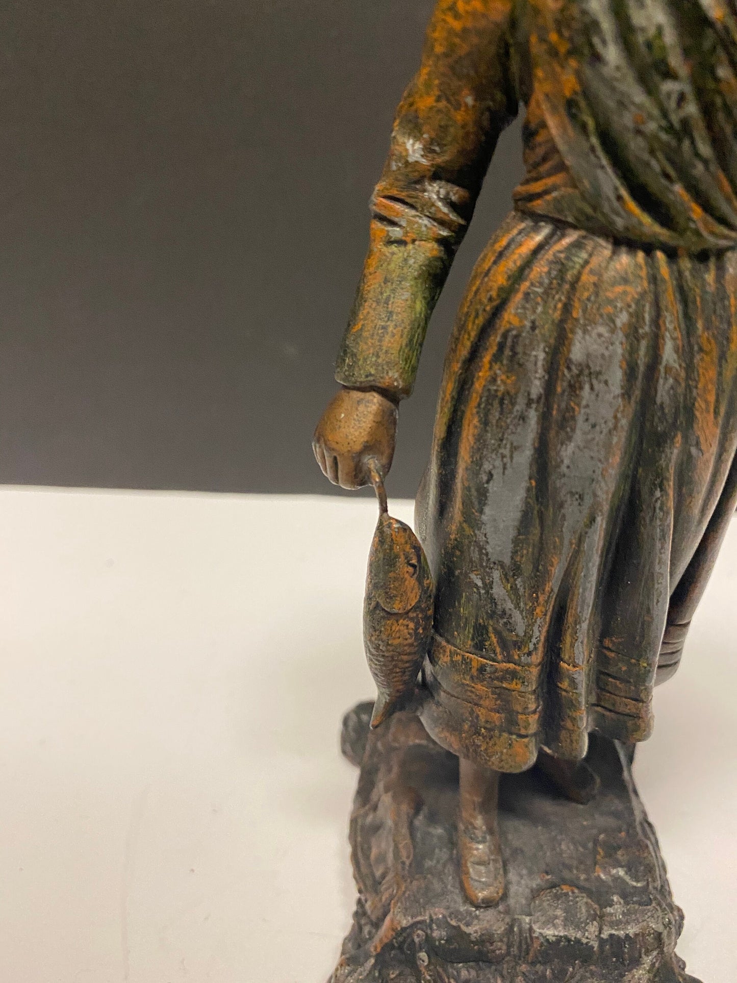 8 inch Absolutely fantastic antique European bronze statue of a fisher woman was wonderful Patina  great gift  wow