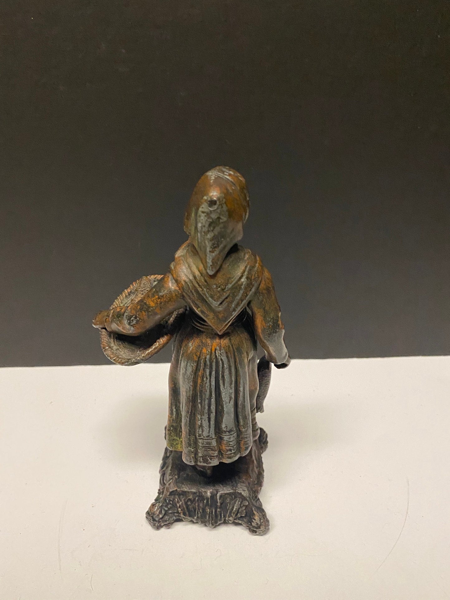 8 inch Absolutely fantastic antique European bronze statue of a fisher woman was wonderful Patina  great gift  wow