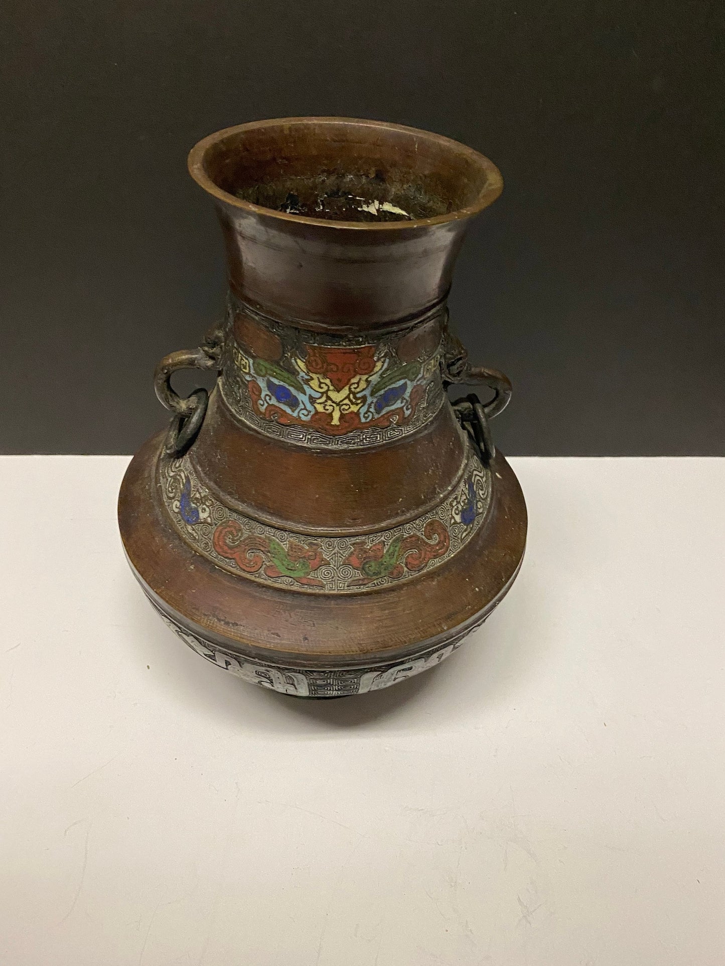 A  11 inch tall Antique Chinese bronze Champleve enamel vase! Hole near base  see photos - 1200 grams