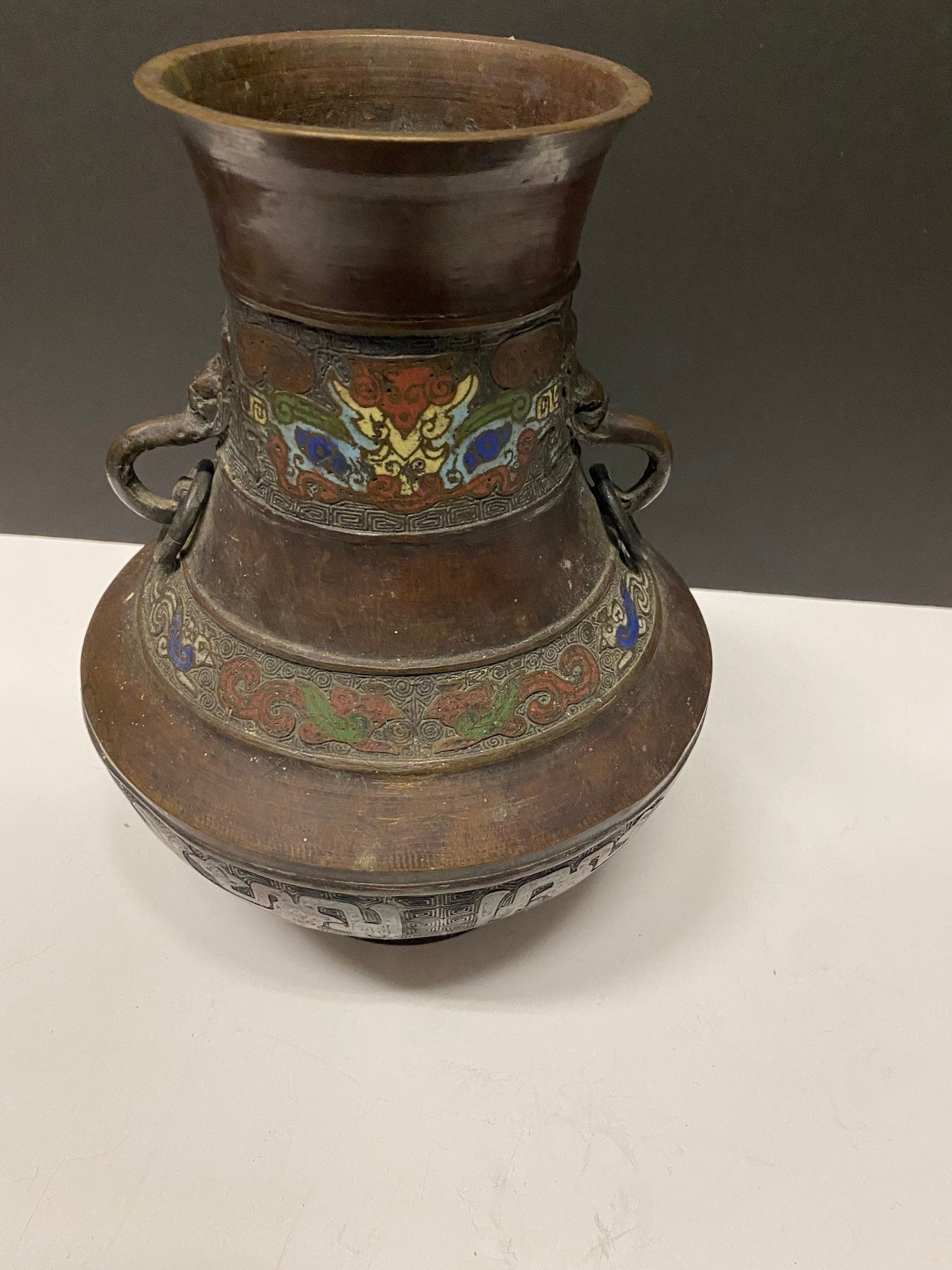 A  11 inch tall Antique Chinese bronze Champleve enamel vase! Hole near base  see photos - 1200 grams