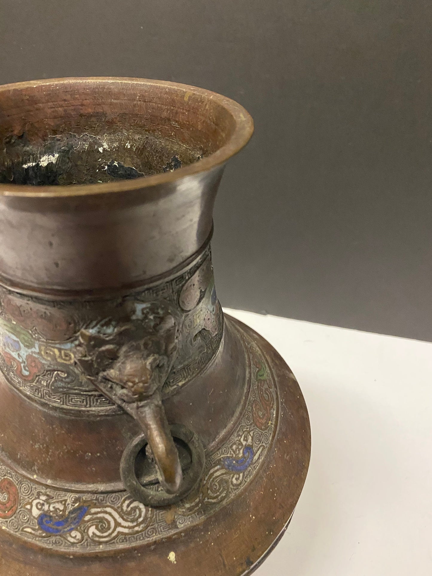 A  11 inch tall Antique Chinese bronze Champleve enamel vase! Hole near base  see photos - 1200 grams