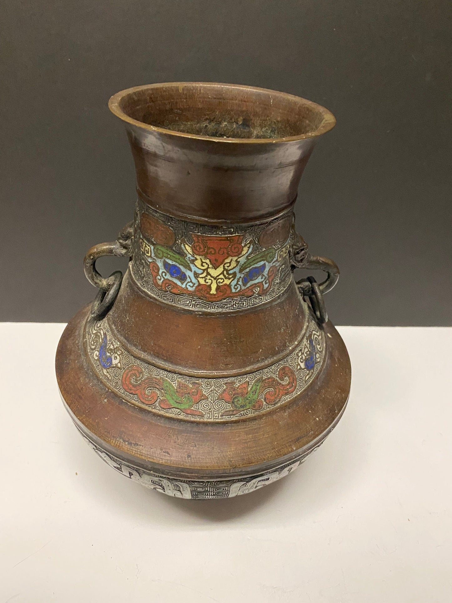 A  11 inch tall Antique Chinese bronze Champleve enamel vase! Hole near base  see photos - 1200 grams