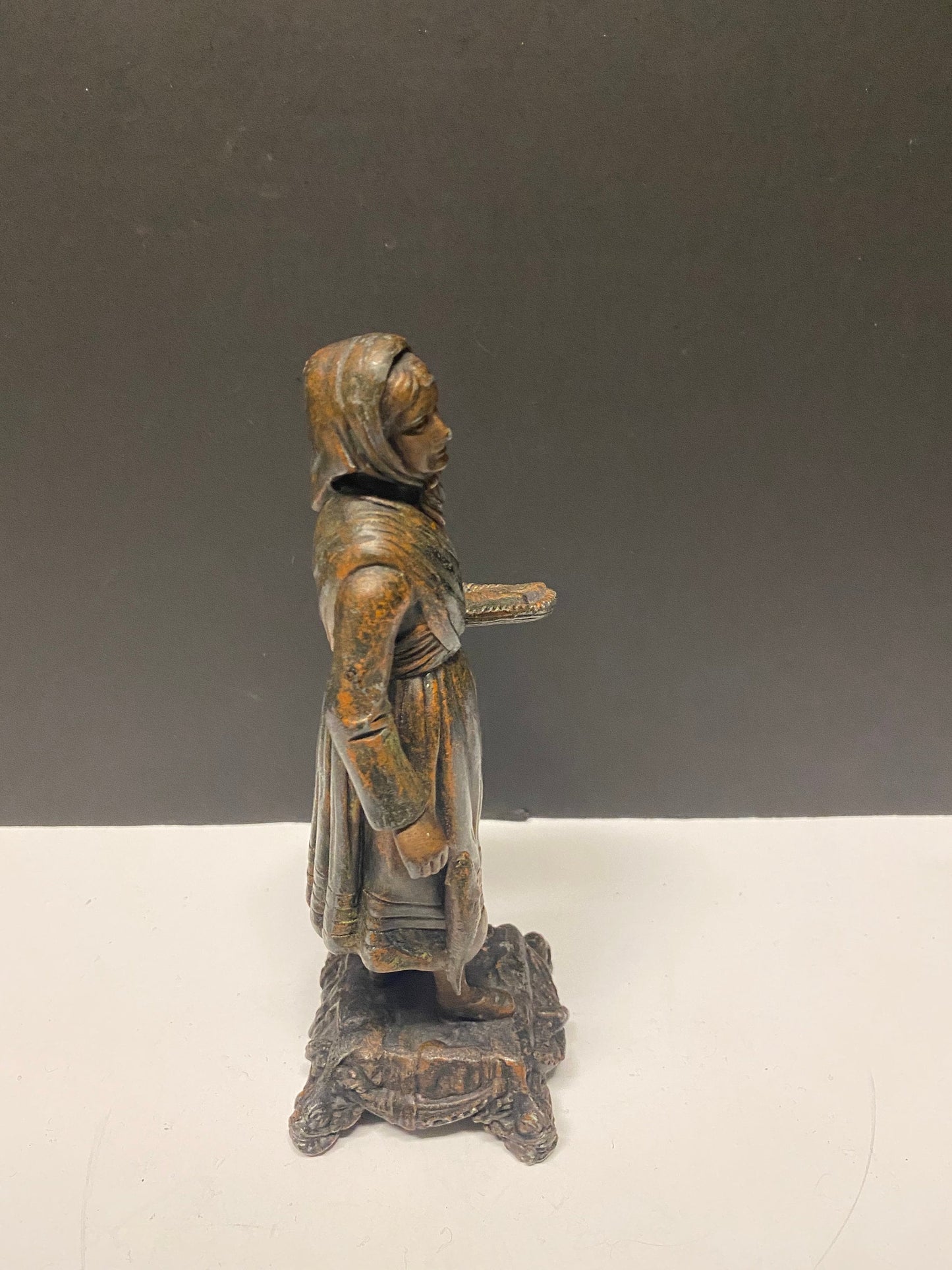8 inch Absolutely fantastic antique European bronze statue of a fisher woman was wonderful Patina  great gift  wow