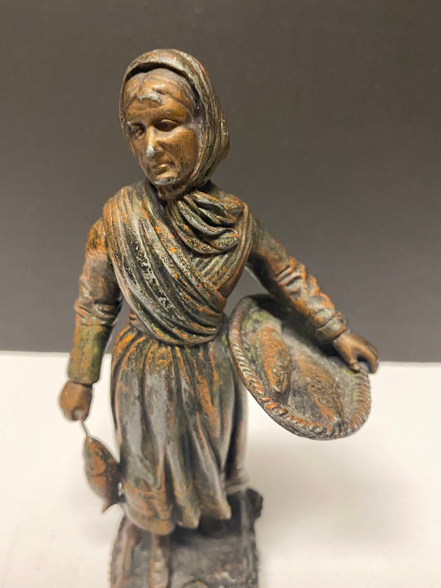 8 inch Absolutely fantastic antique European bronze statue of a fisher woman was wonderful Patina  great gift  wow