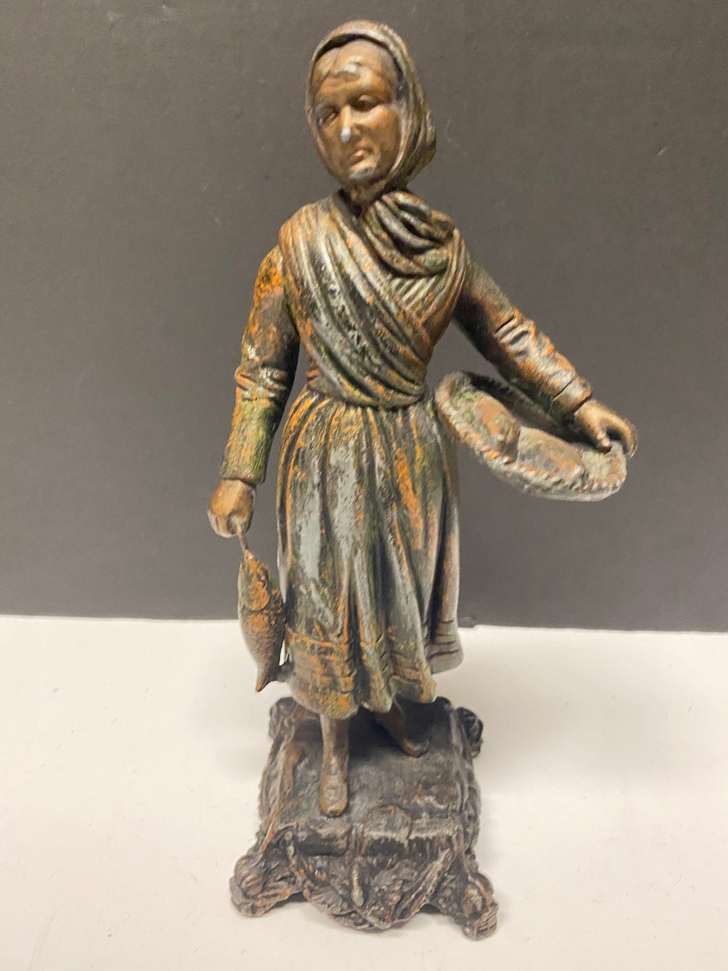 8 inch Absolutely fantastic antique European bronze statue of a fisher woman was wonderful Patina  great gift  wow
