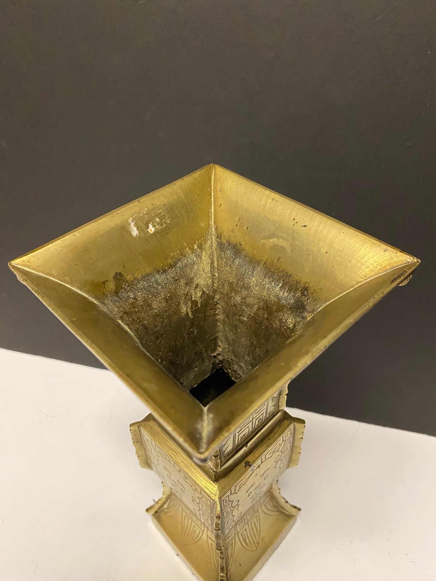 9 inch heavy Chinese brass vase with Chinese temple guardian faces  730 grams  lovely quality