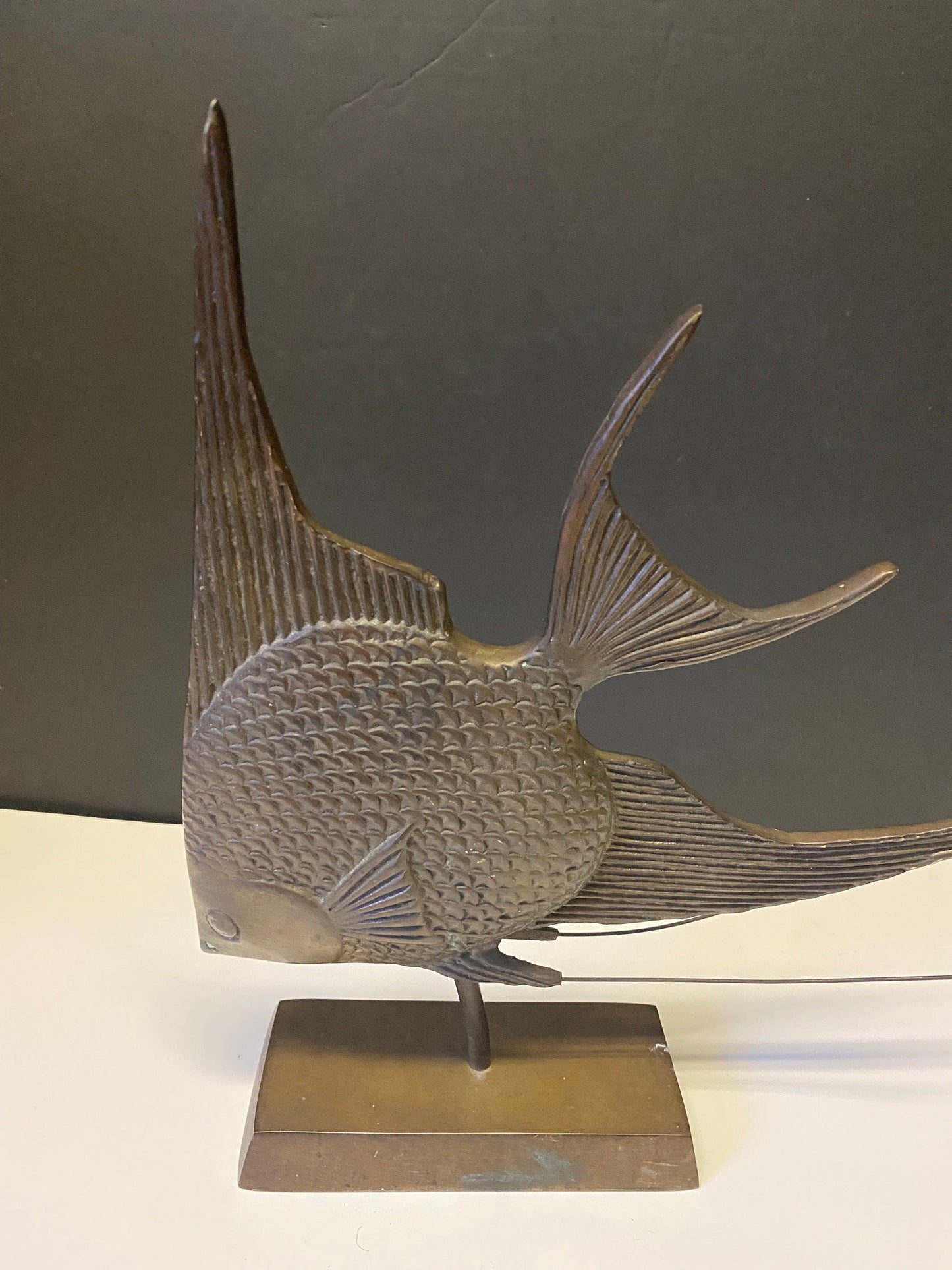 An  Absolutely magnificent 10 inch bronze fish on wood stand with wonderful Patina!  super piece