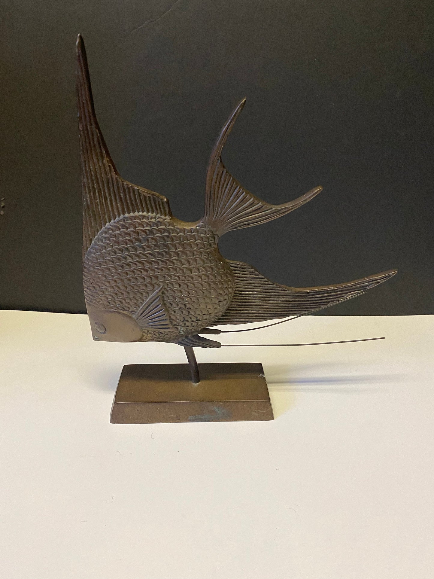 An  Absolutely magnificent 10 inch bronze fish on wood stand with wonderful Patina!  super piece