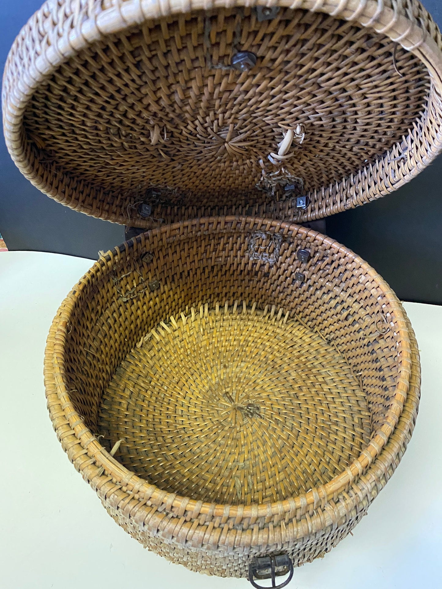 An  Absolutely fabulous Antique Asian weaved basket with leather accents great condition and a real statement piece  wow  -12 inches