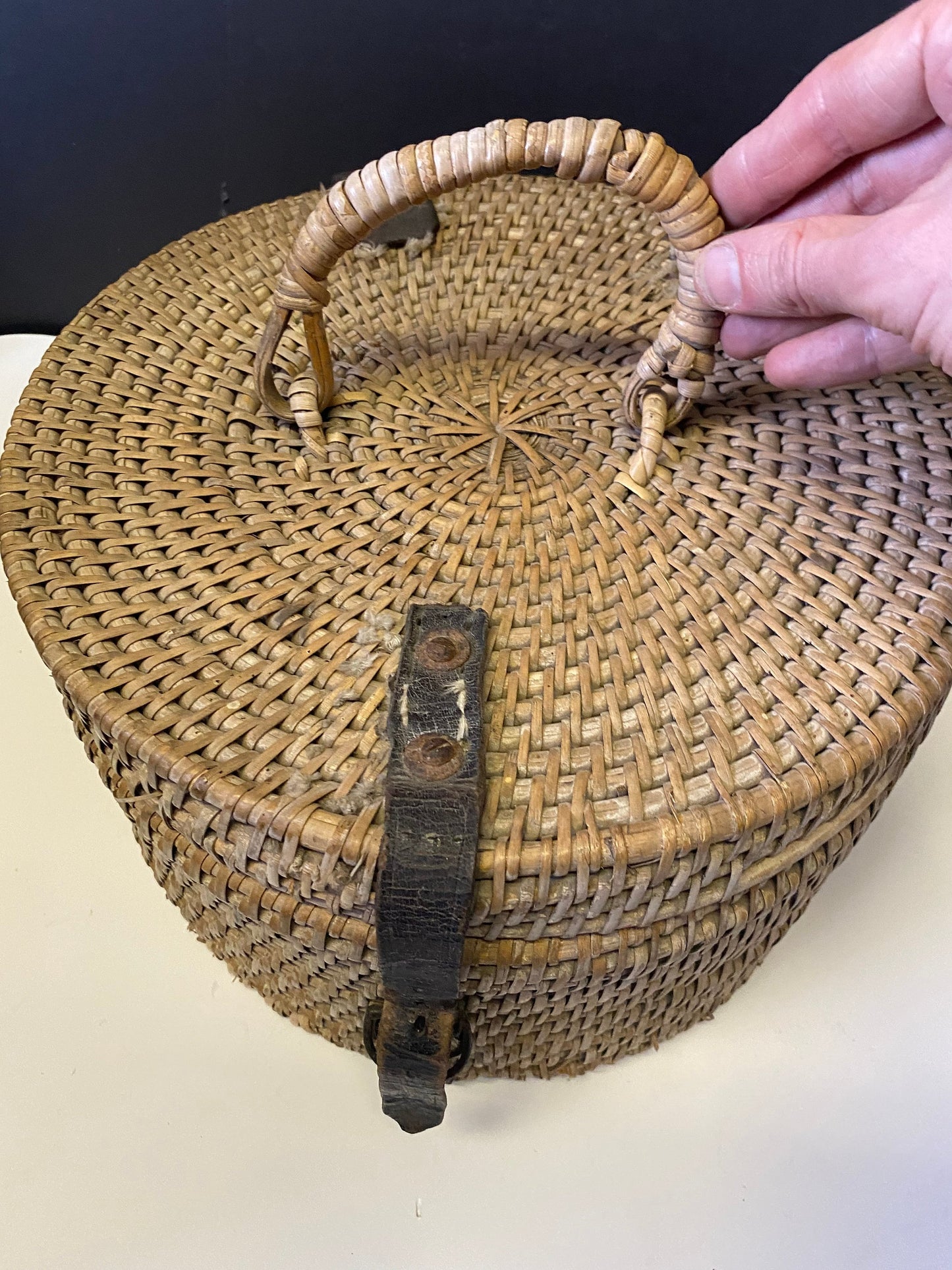 An  Absolutely fabulous Antique Asian weaved basket with leather accents great condition and a real statement piece  wow  -12 inches