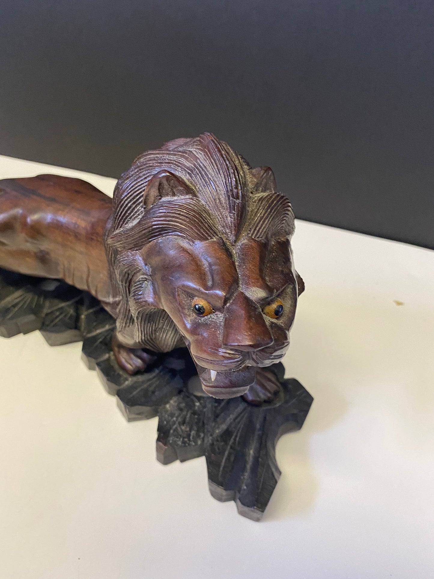 A  Fabulous 12 x 8 African ebony hardwood Carved lion on stand  regal and well carved  Would make a fabulous gift