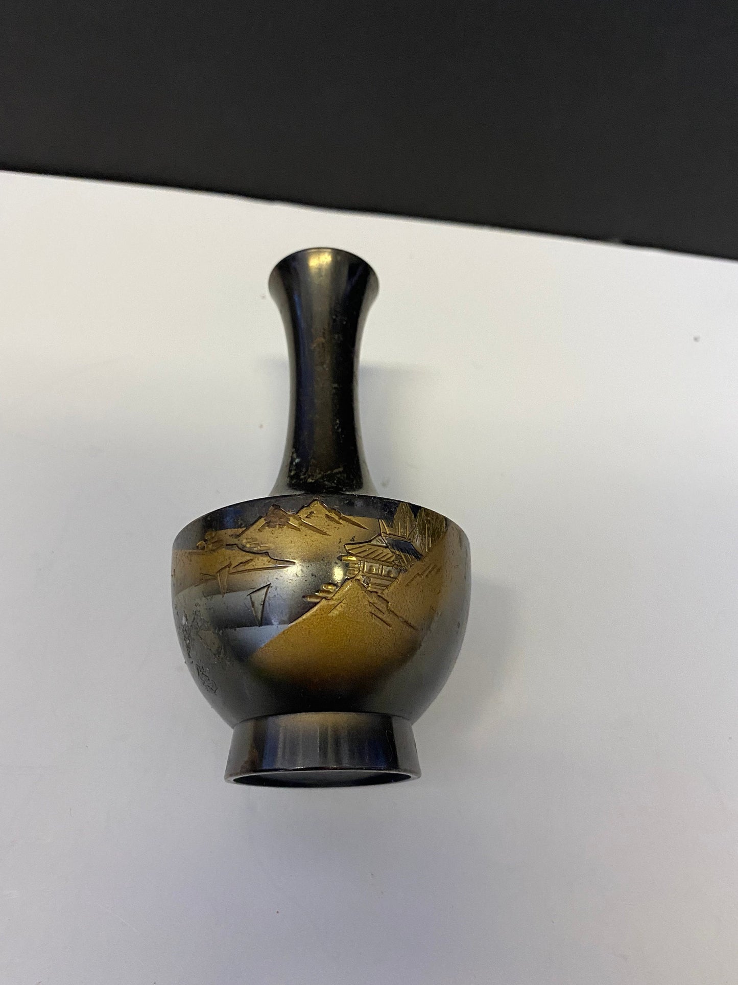 Fabulous 5 inch Japanese Meji bronze bud   vase  Awesome Patina in good condition  serene lovely piece  great gift for 8 anniversary