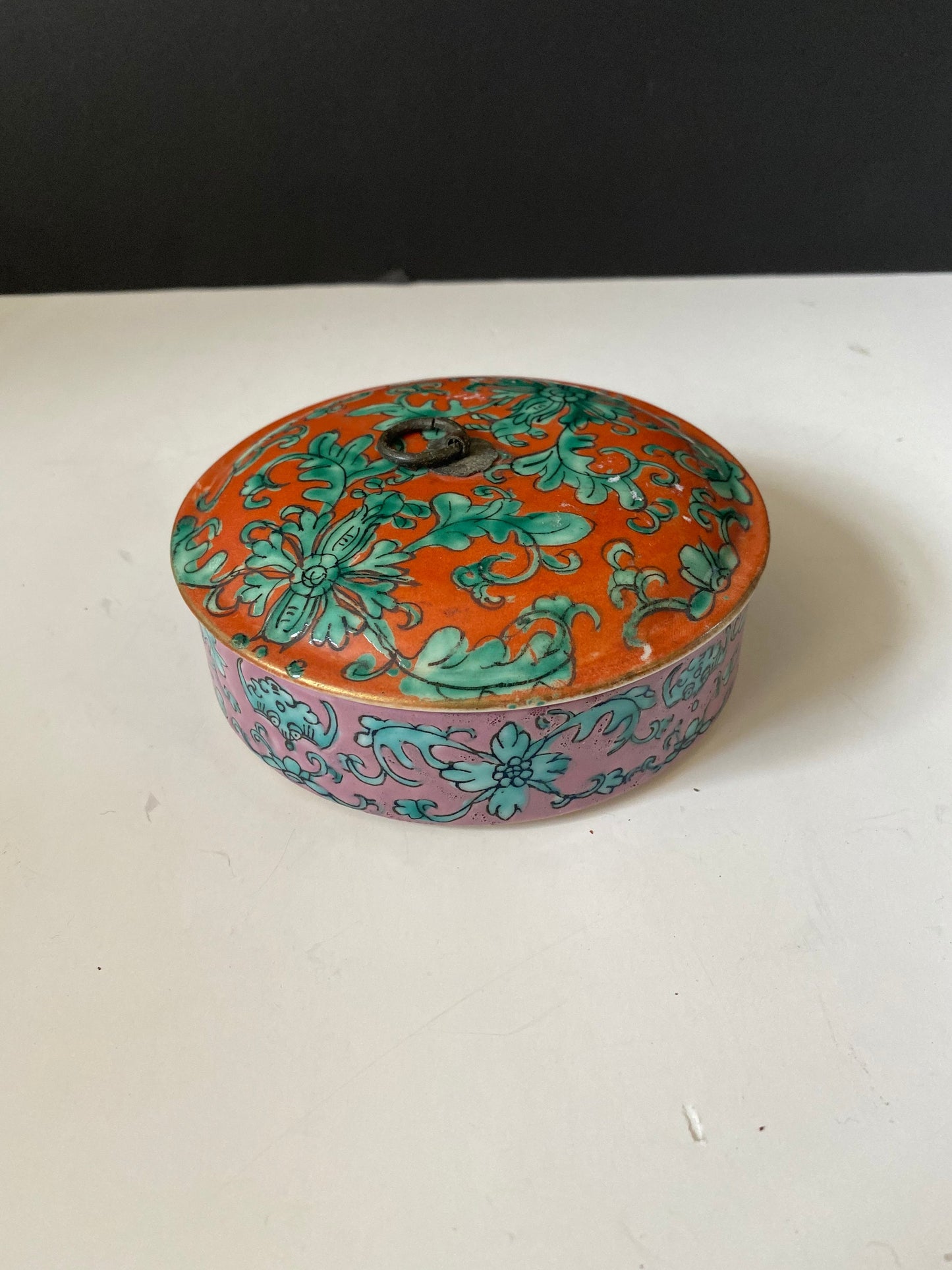 An Absolutely fabulous Antique  Chinese famille rose porcelain box with bronze  top  Rare double facetted colour scheme  5 x 2 inches