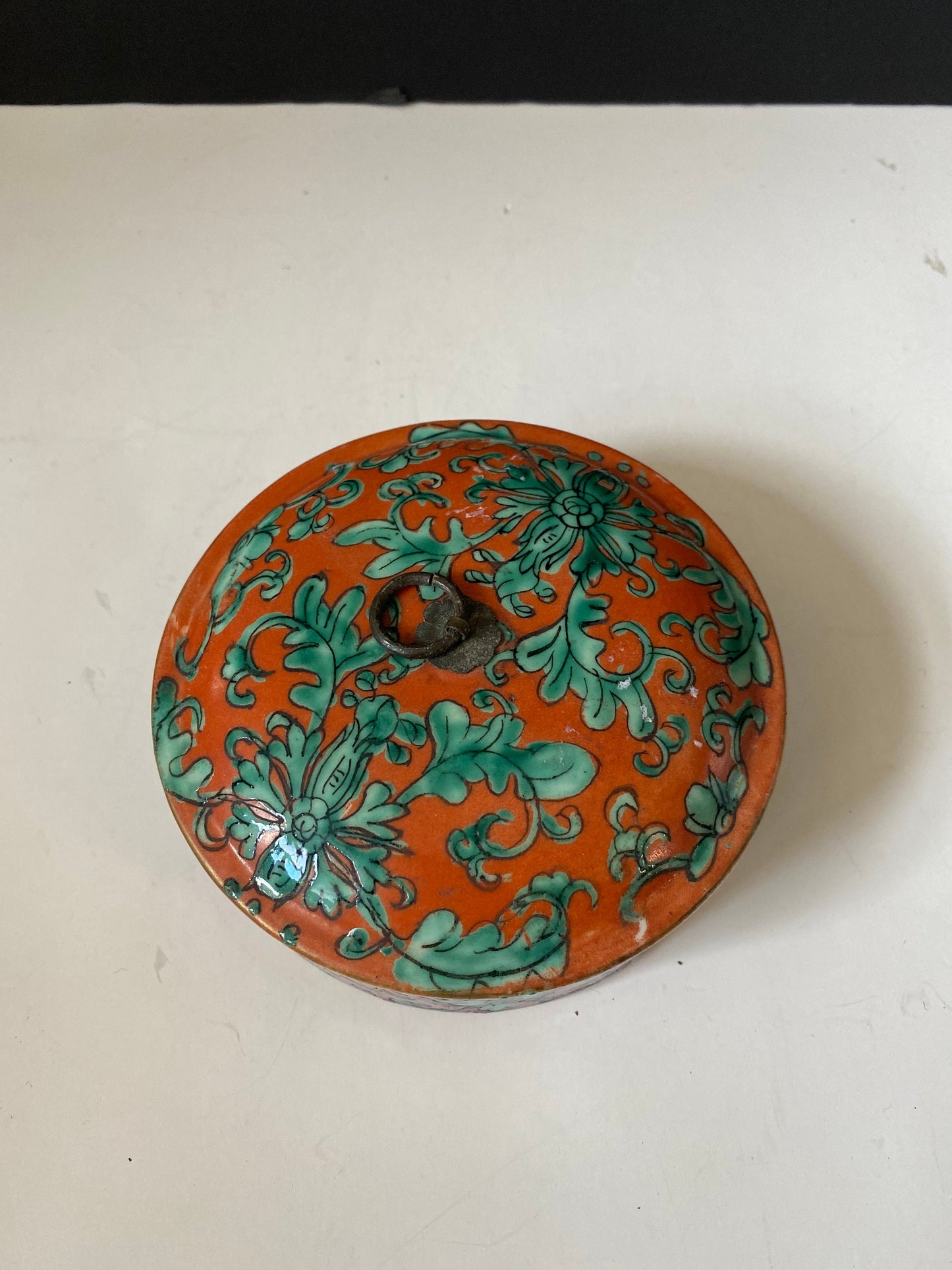 An Absolutely fabulous Antique  Chinese famille rose porcelain box with bronze  top  Rare double facetted colour scheme  5 x 2 inches