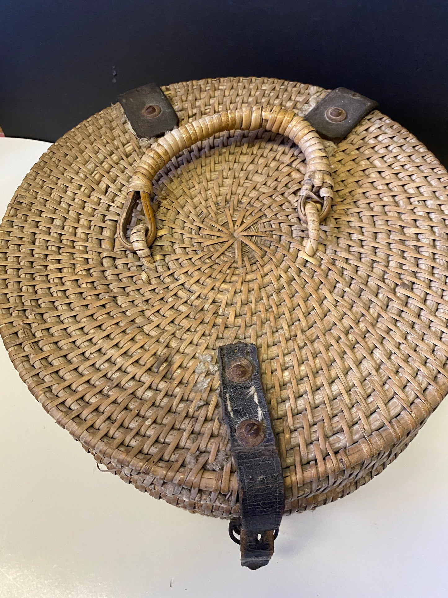 An  Absolutely fabulous Antique Asian weaved basket with leather accents great condition and a real statement piece  wow  -12 inches