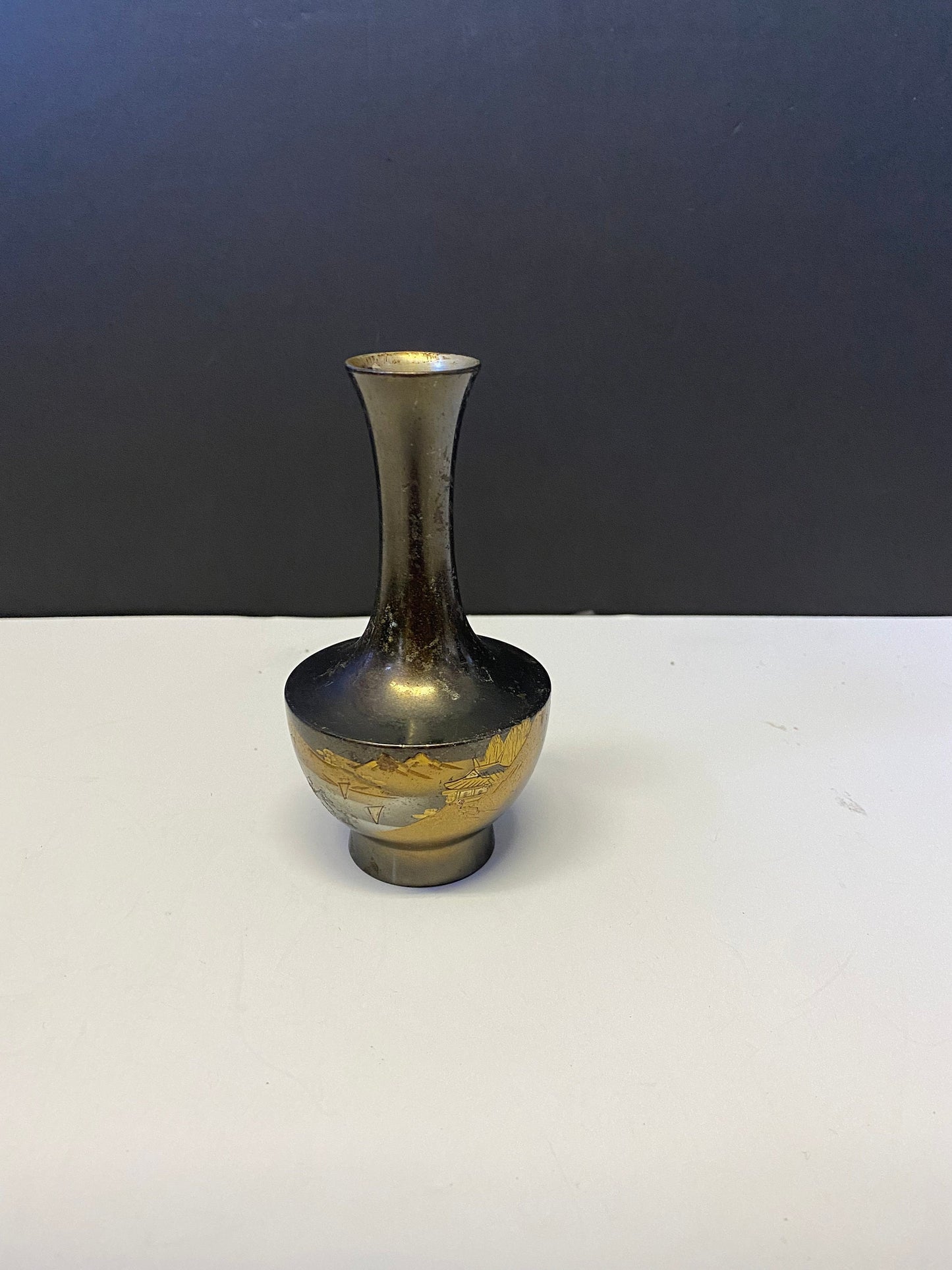 Fabulous 5 inch Japanese Meji bronze bud   vase  Awesome Patina in good condition  serene lovely piece  great gift for 8 anniversary