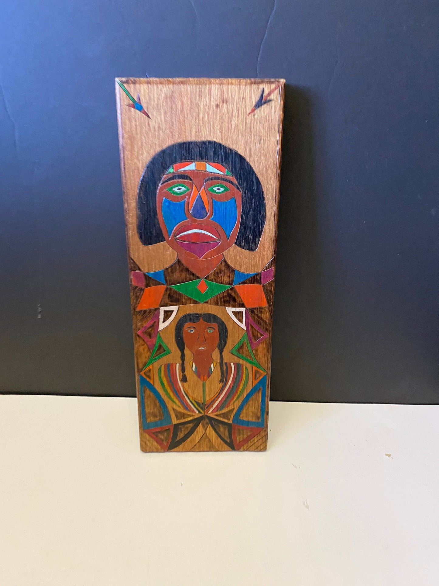 An  Unbelievably cool 15 x 6 x 1 Indigenous folk art signed  First Nations carved and painted plaque  hangs and is west coast Canadian