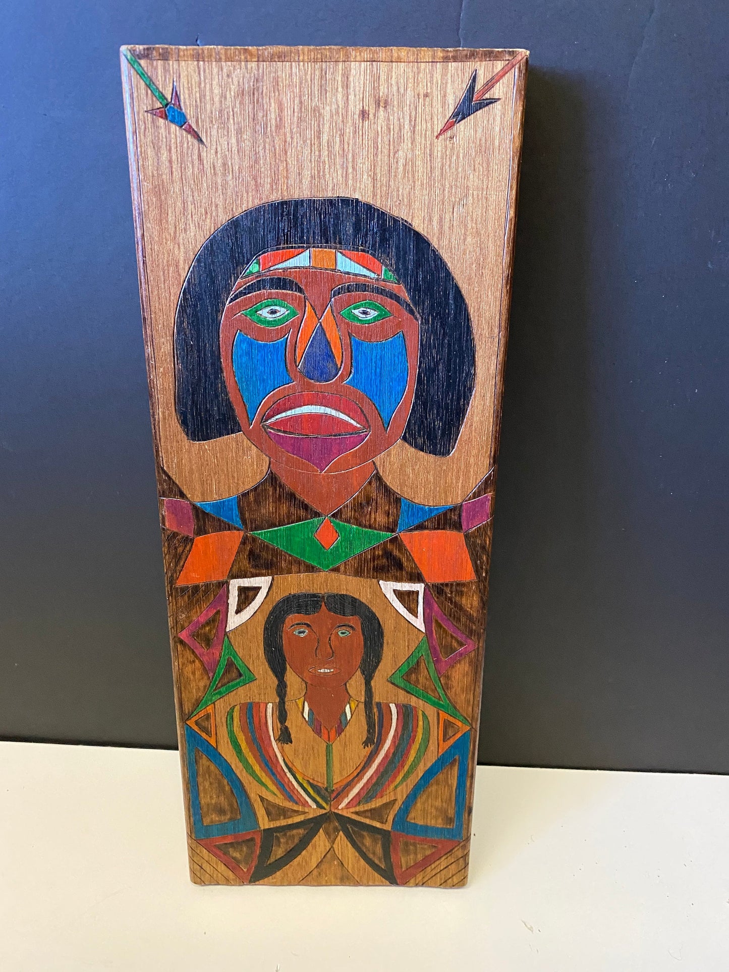 An  Unbelievably cool 15 x 6 x 1 Indigenous folk art signed  First Nations carved and painted plaque  hangs and is west coast Canadian
