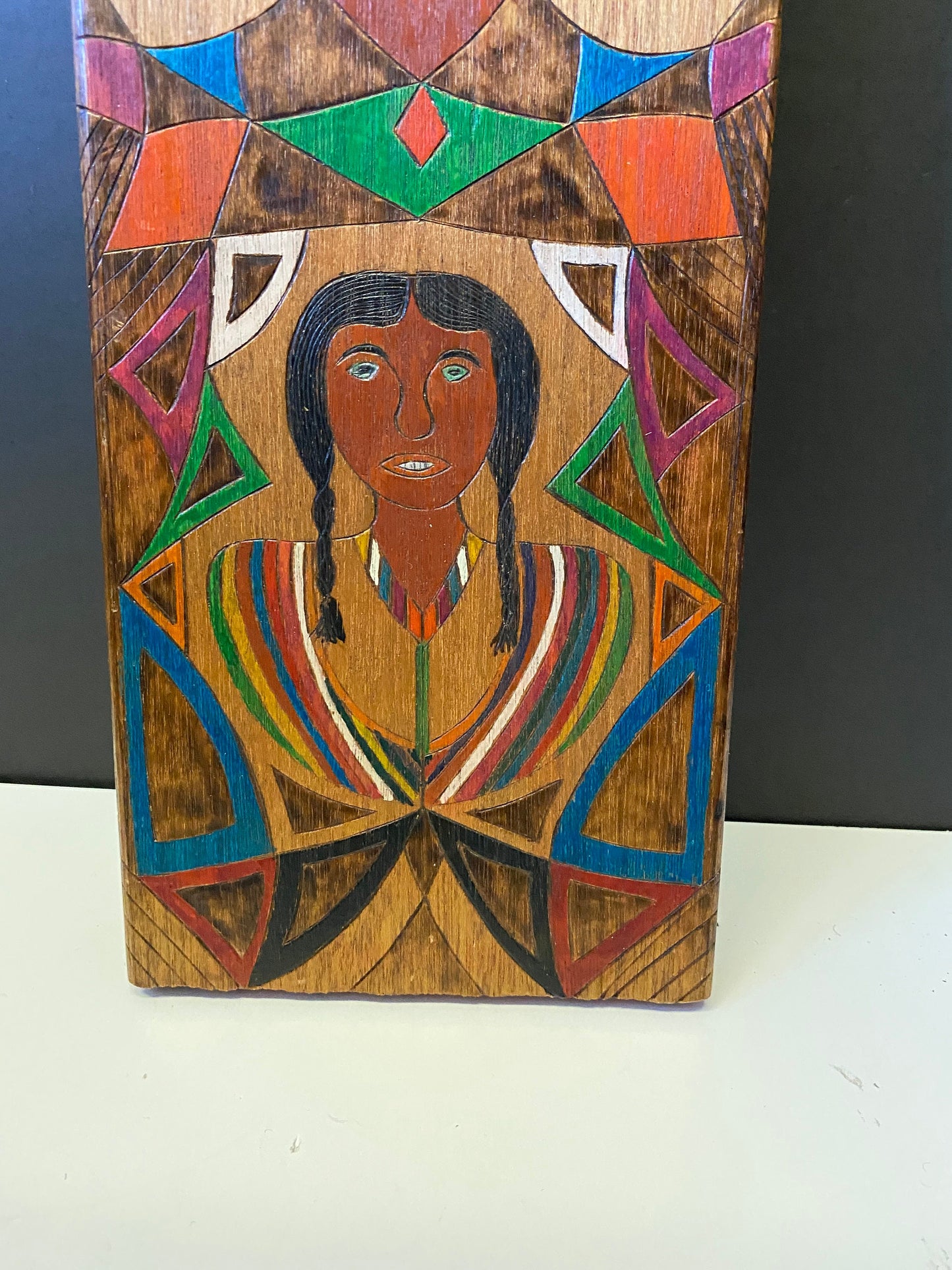An  Unbelievably cool 15 x 6 x 1 Indigenous folk art signed  First Nations carved and painted plaque  hangs and is west coast Canadian