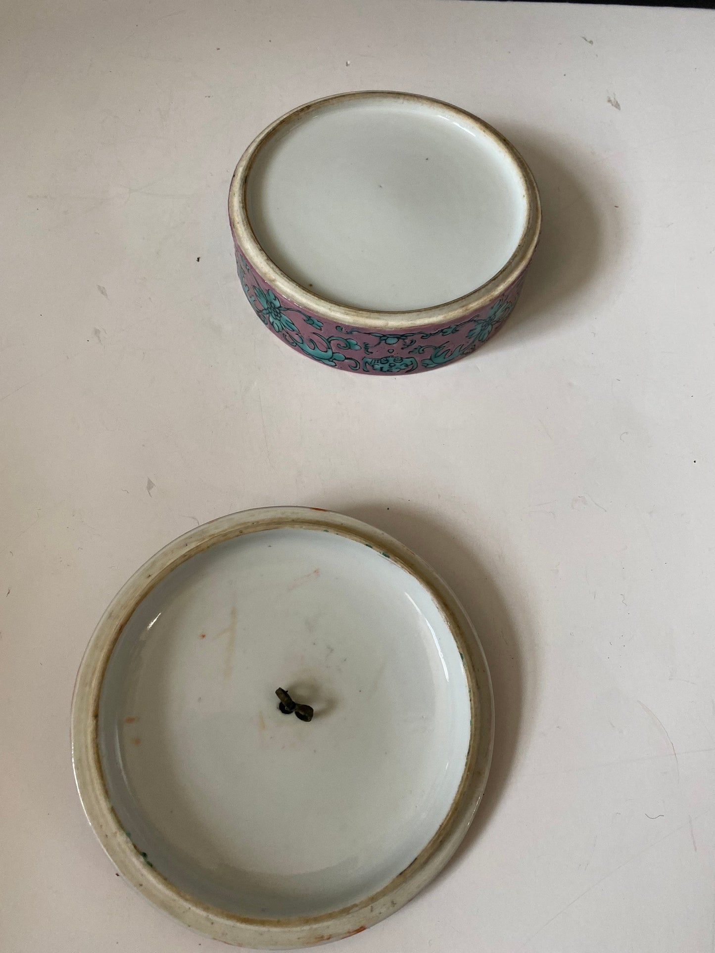 An Absolutely fabulous Antique  Chinese famille rose porcelain box with bronze  top  Rare double facetted colour scheme  5 x 2 inches