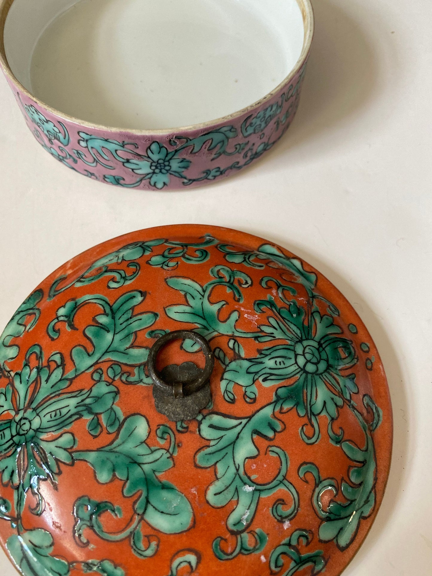 An Absolutely fabulous Antique  Chinese famille rose porcelain box with bronze  top  Rare double facetted colour scheme  5 x 2 inches