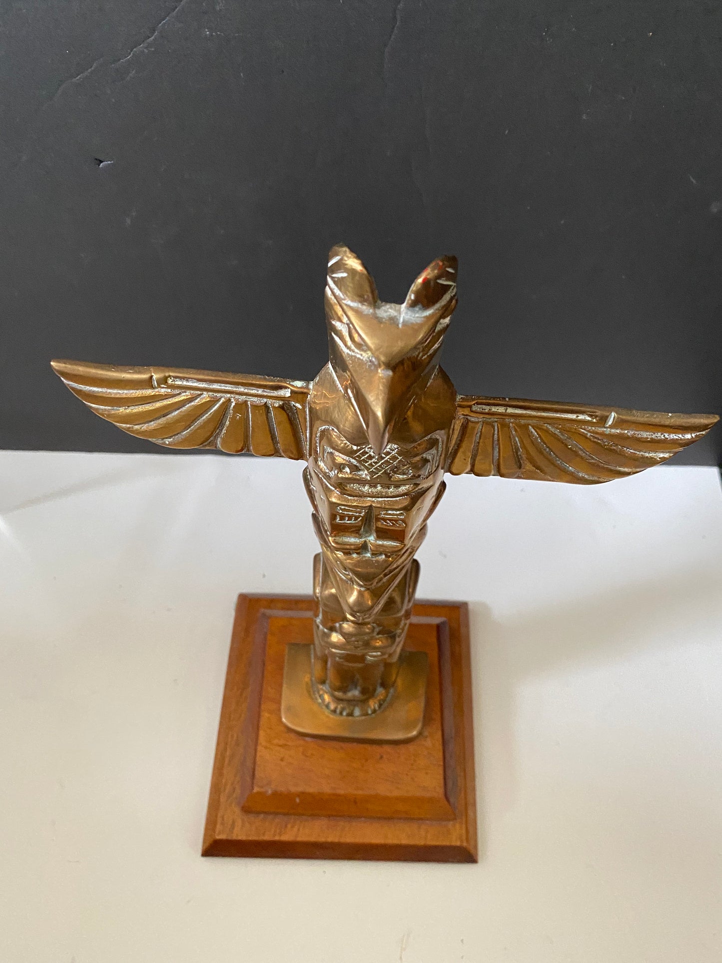 A  Fantastic 14 x 6 Canadian antique bronze totem  on wood base  Super patina in great condition  wow  2 kg