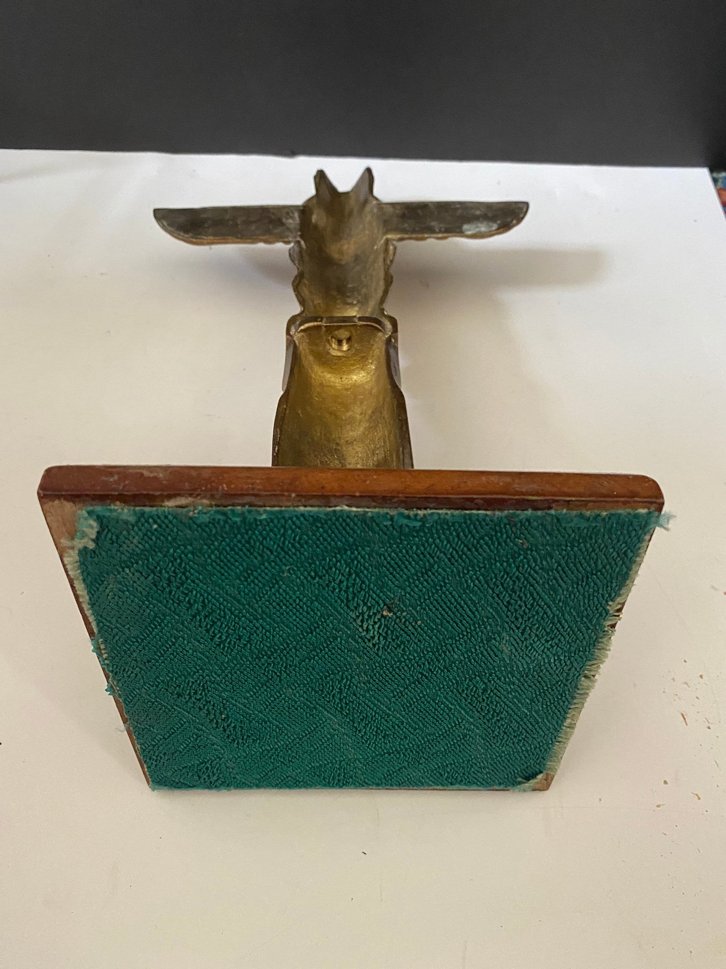 A  Fantastic 14 x 6 Canadian antique bronze totem  on wood base  Super patina in great condition  wow  2 kg