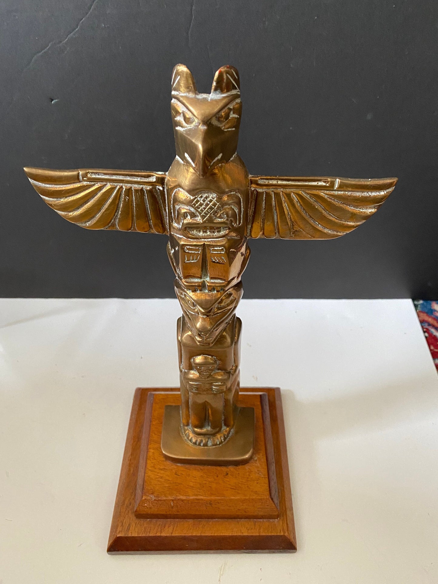 A  Fantastic 14 x 6 Canadian antique bronze totem  on wood base  Super patina in great condition  wow  2 kg
