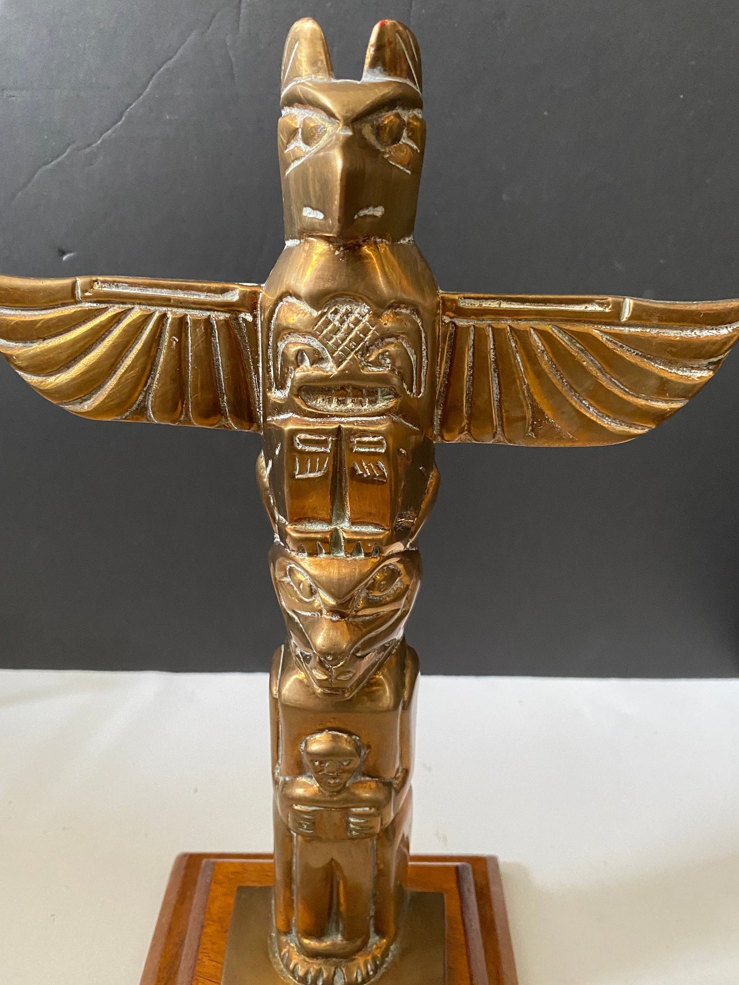 A  Fantastic 14 x 6 Canadian antique bronze totem  on wood base  Super patina in great condition  wow  2 kg