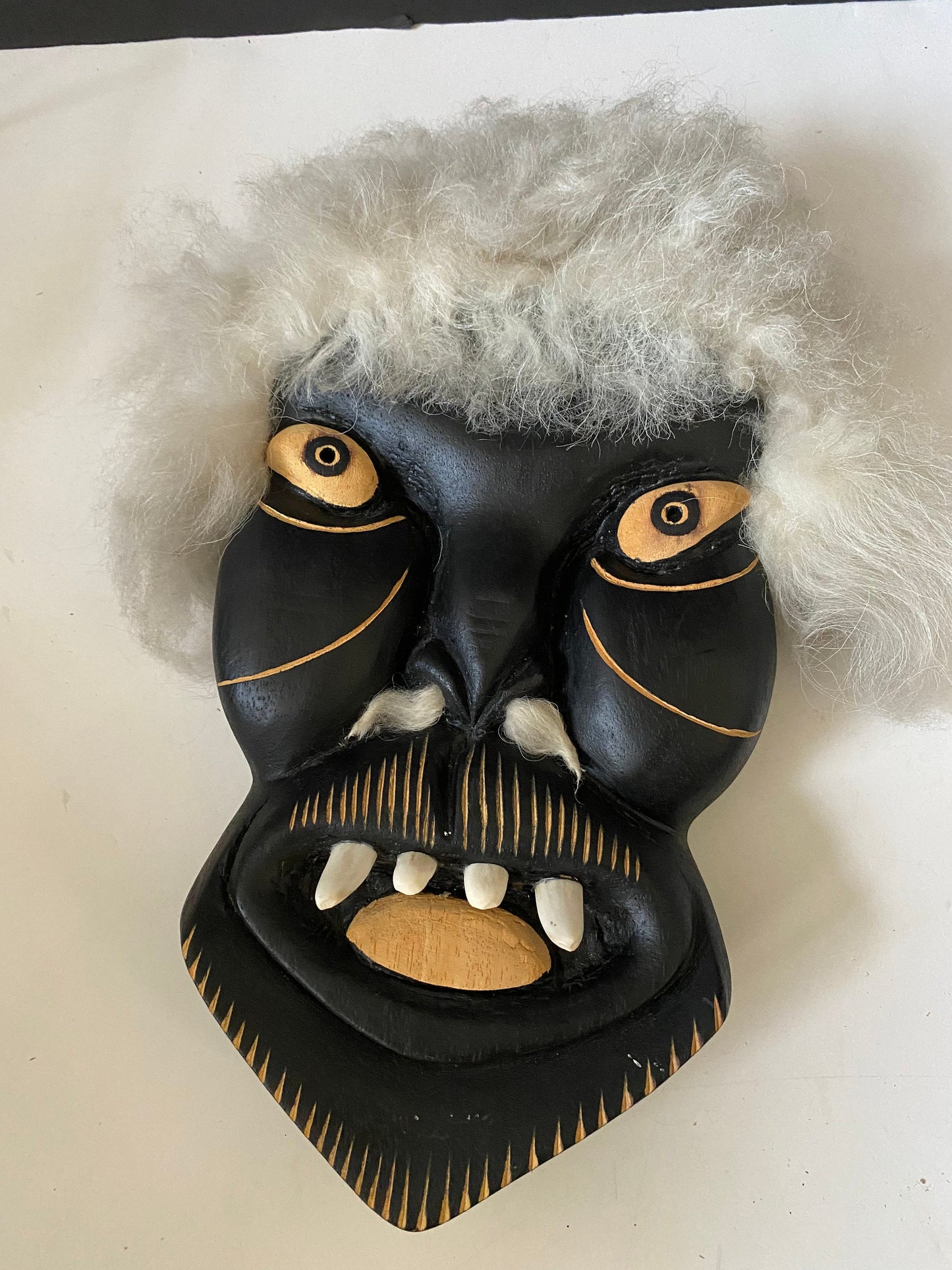 A  12 x 7 by 2 Fabulous indigenous Greenland carved wooden mask with real fur  Exceptional one-of-a-kind piece  signed with info on back