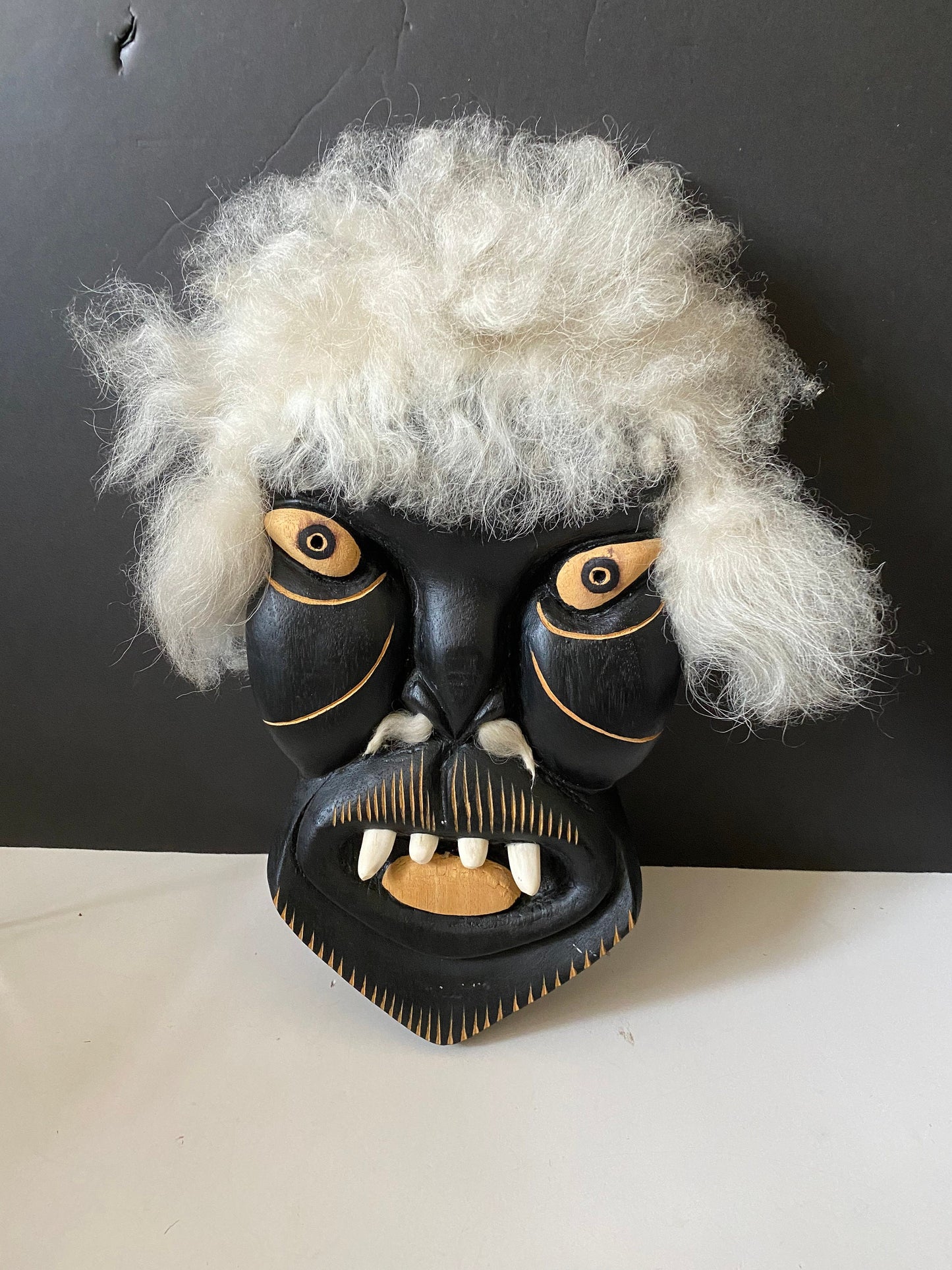 A  12 x 7 by 2 Fabulous indigenous Greenland carved wooden mask with real fur  Exceptional one-of-a-kind piece  signed with info on back