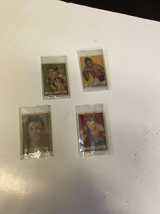 An amazing set up four 1940s ringside boxing cards  All antique condition but very cool boxing memorabilia  sold as set  3 x 2 inches