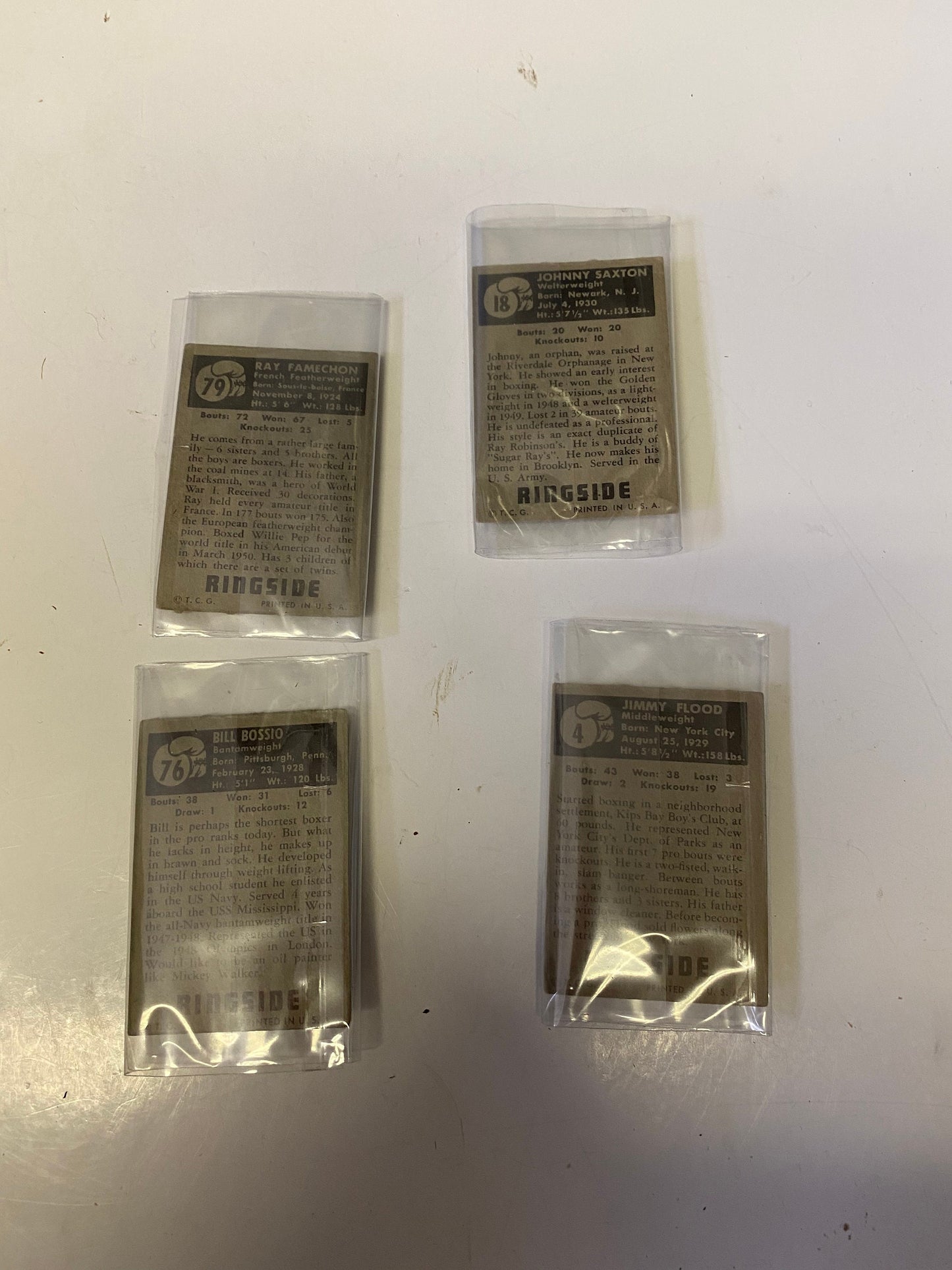 An amazing set up four 1940s ringside boxing cards  All antique condition but very cool boxing memorabilia  sold as set  3 x 2 inches