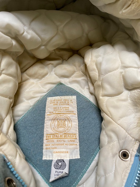 fantastic authentic Hudson Bay Company hundred percent wool small to medium ladies jacket with fur trim body 26 inch sleeves 24 inches