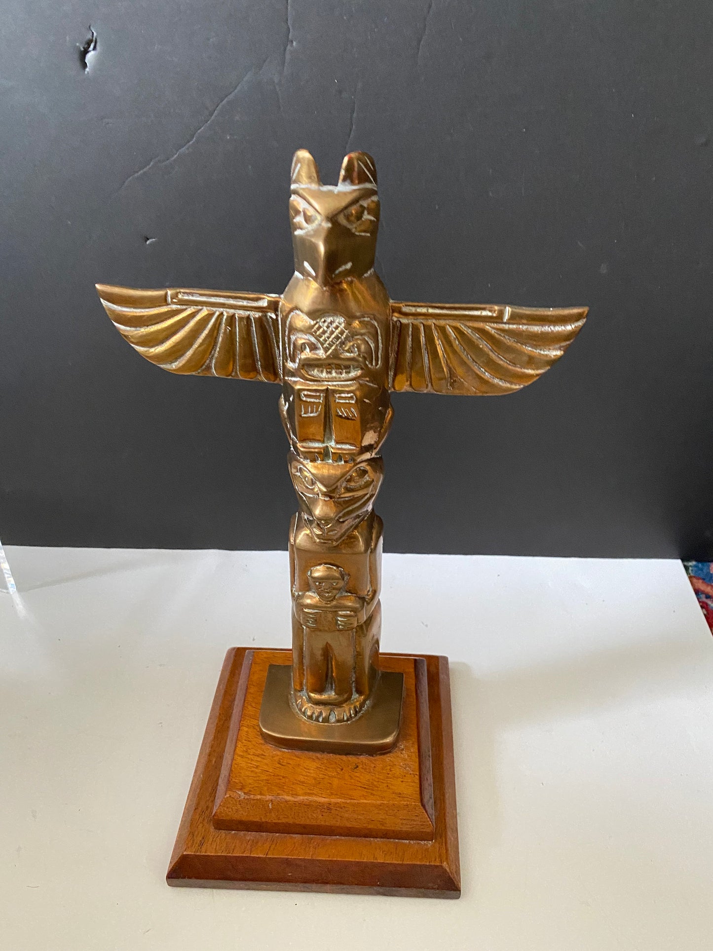 A  Fantastic 14 x 6 Canadian antique bronze totem  on wood base  Super patina in great condition  wow  2 kg