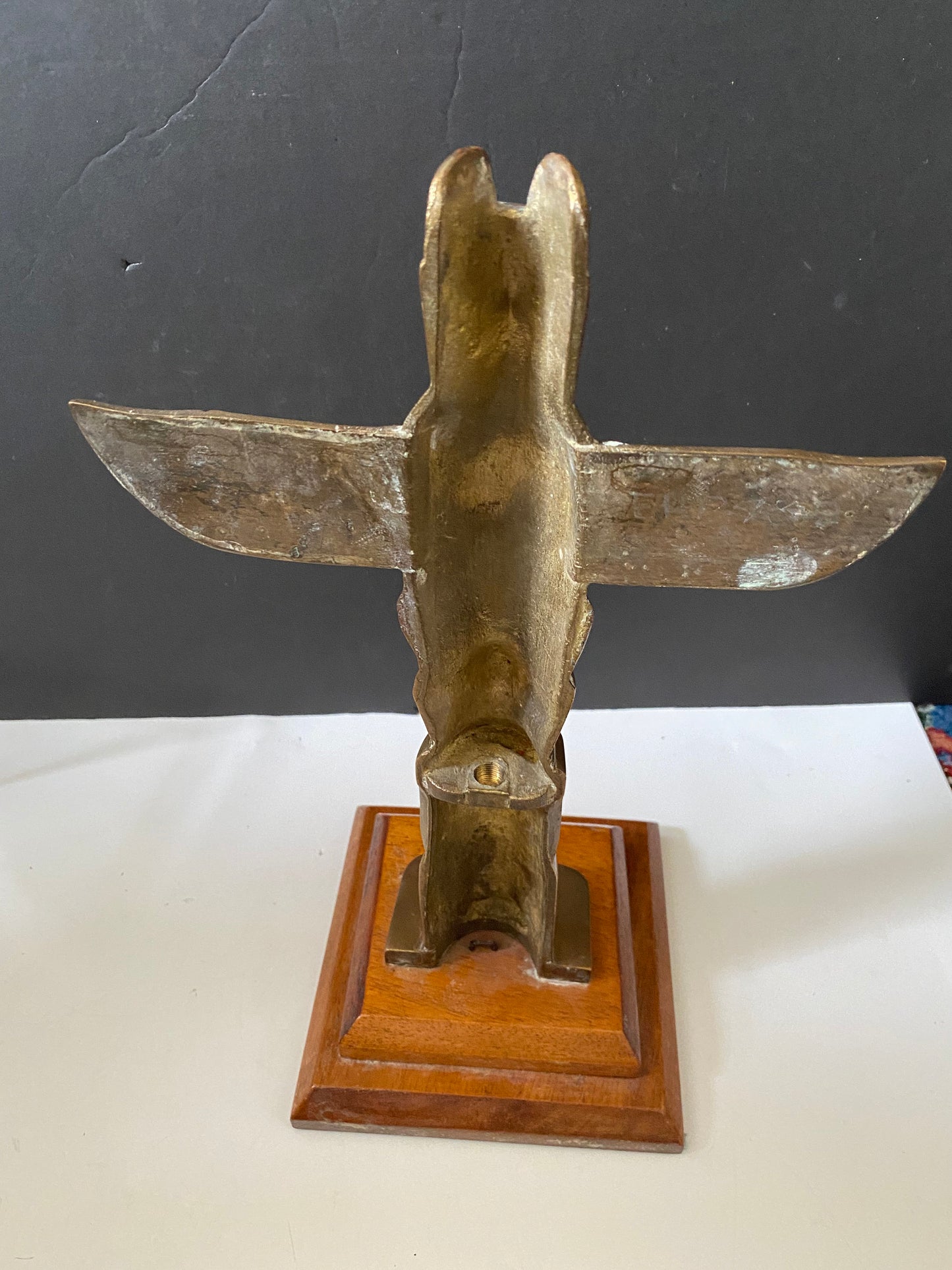 A  Fantastic 14 x 6 Canadian antique bronze totem  on wood base  Super patina in great condition  wow  2 kg