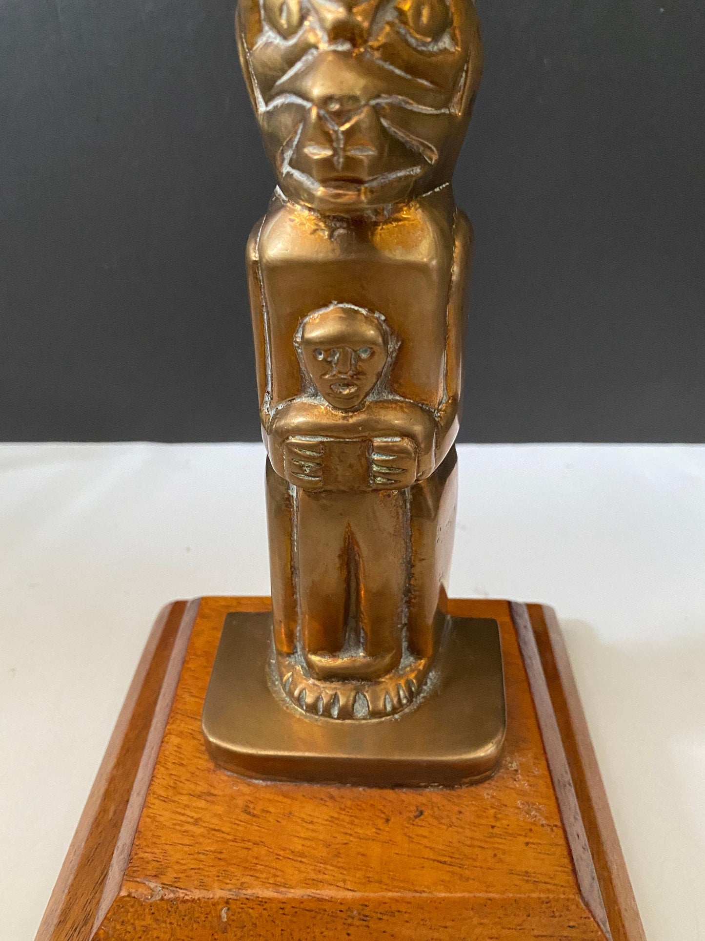 A  Fantastic 14 x 6 Canadian antique bronze totem  on wood base  Super patina in great condition  wow  2 kg